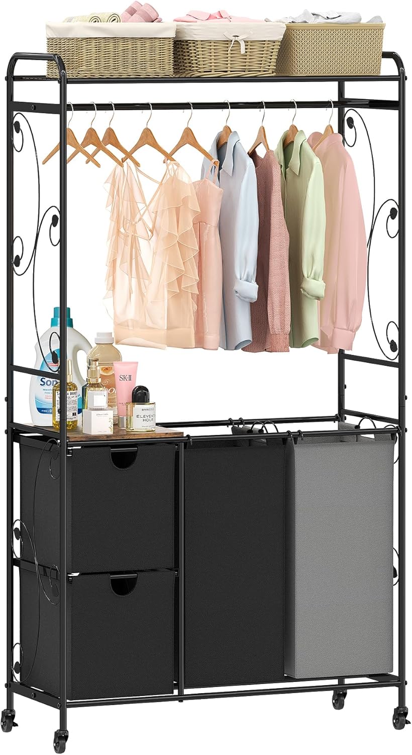 Laundry hamper rack organizer with removable bags for storage