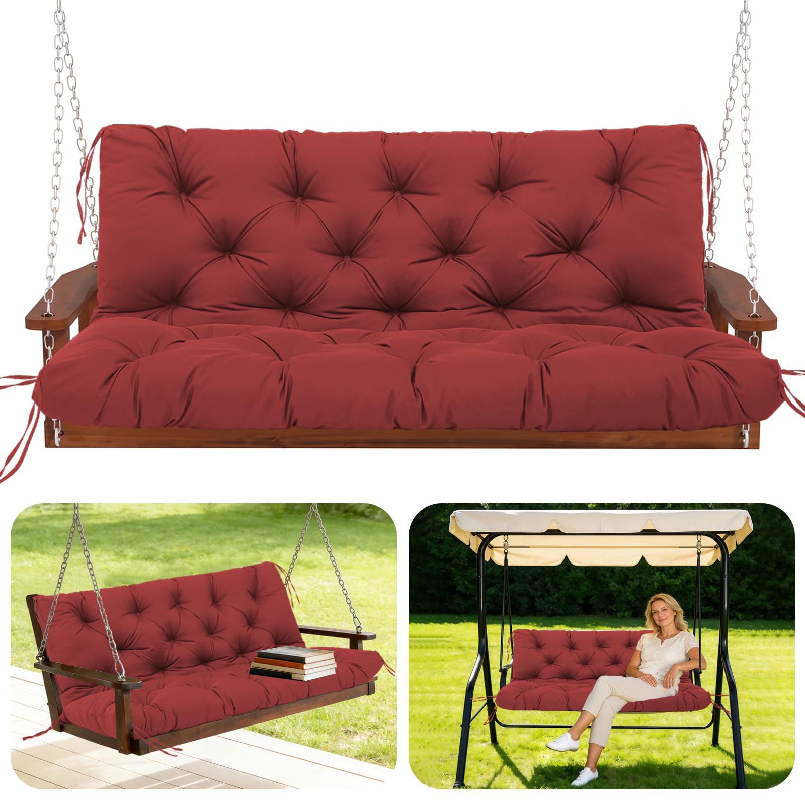 GHDM Garden Bench Cushion Thick 12cm Swing Cushions 2 Seater with Backrest and Tie 100cm Waterproof Swing Seat Cushions Replacement for Outdoor Furniture Patio Porch Lawn Backyard(Wine Red)