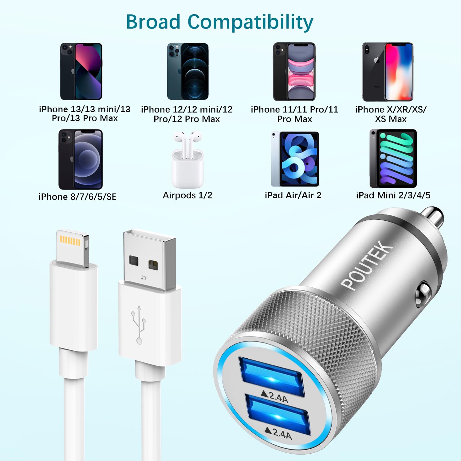 Caricatore Auto iPhone con 2x Cavo Lightning [Certificato MFi], USB Accendisigari Auto Caricabatterie Auto Cellulare Adattatore Presa Accendisigari USB per iPhone 14 13 12 11 Pro Max/XS/X/8/7/6