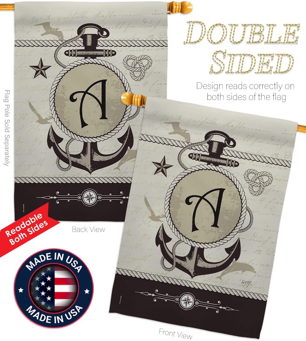 Breeze Decor Nautical A Initial House Flag Monogram Coastal Anchor Sailor Sea Shells Outdoor Summer Ocean Decoration Banner Small Garden Yard Gift Double-Sided, Made in USA