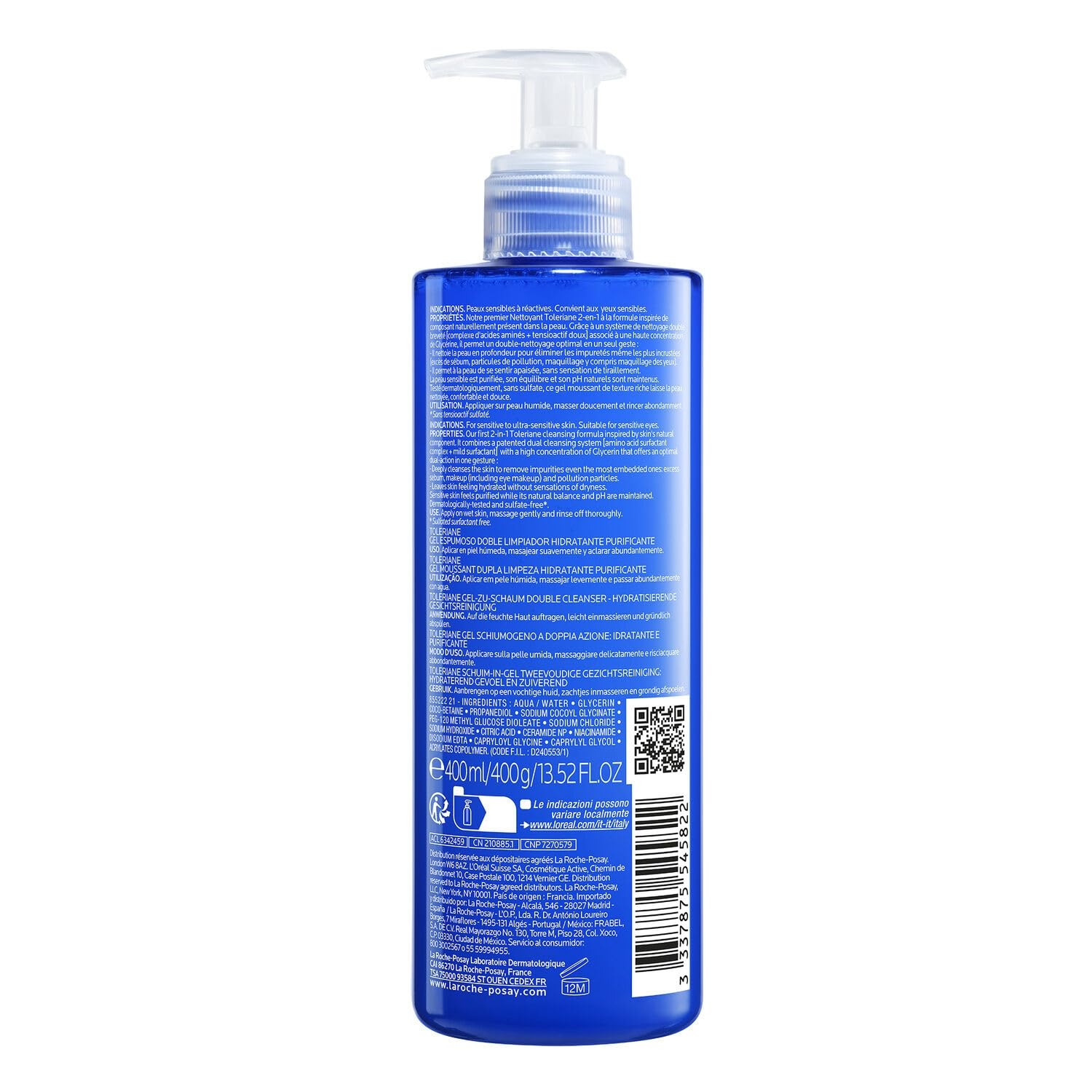 Nettoyage apaisant et démaquillage complet pour peaux sensibles - LA ROCHE POSAY Toleriane Gel Moussant, format 400mL - Lot de 2