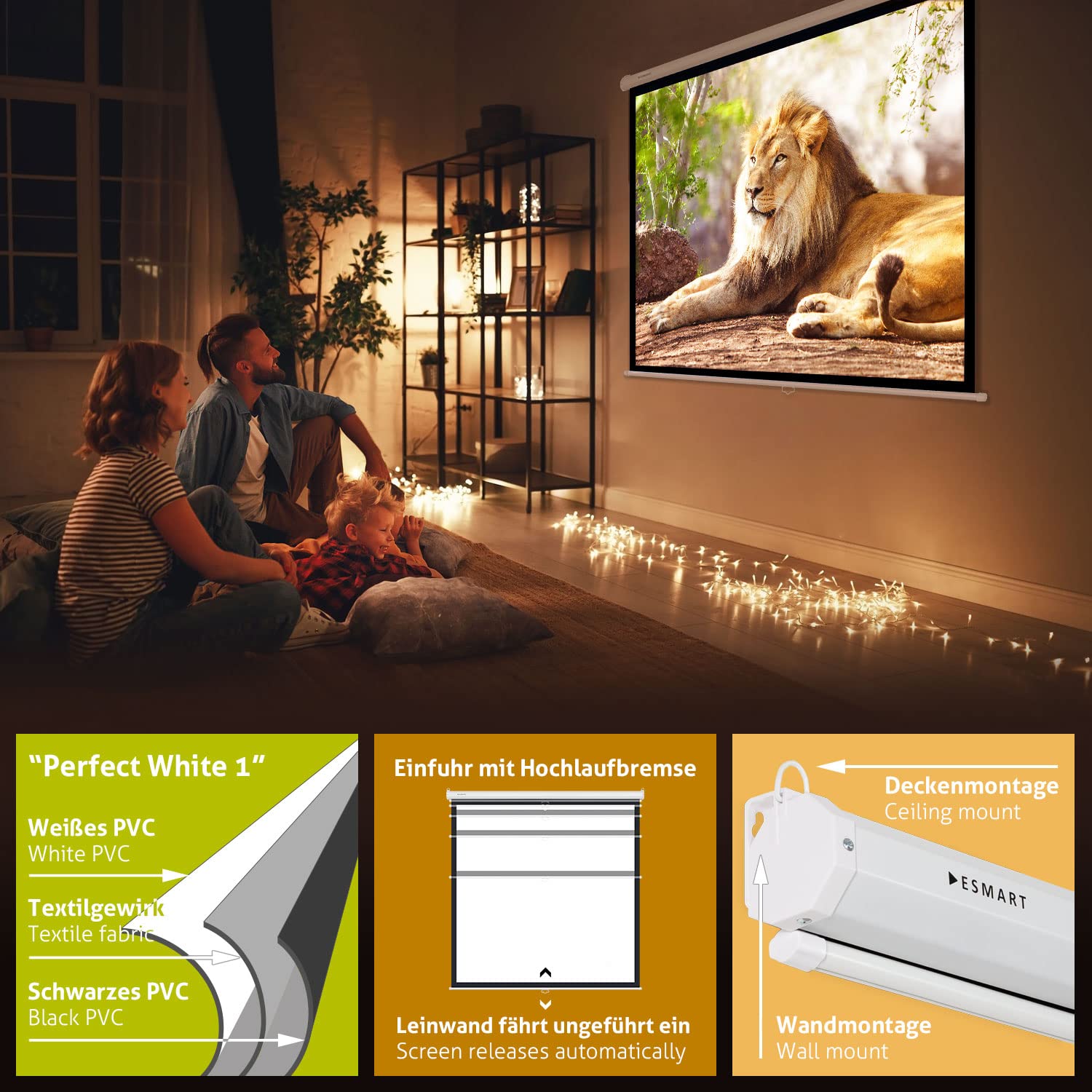 ESMART Economía EXR Pantalla Manual 257 cm (240 x 240 cm 1:1) Tela: Blanco | Superficie visual 240 × 240 cm, formato 1:1, tela blanca para cine en casa y presentaciones, extensión manual