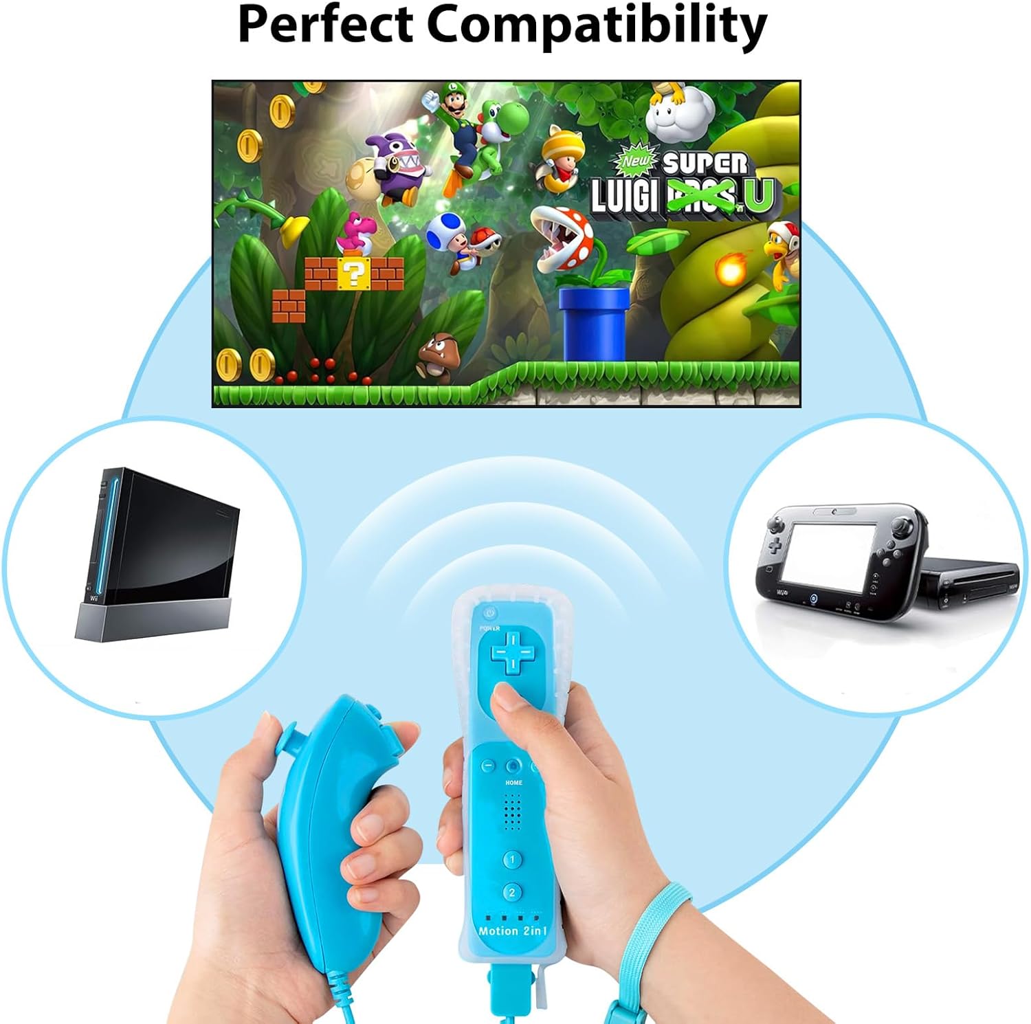 HZIME Replacement Remote Controller Compatible for Wii & Wii U, Built-in 2 in 1 Motion Plus with Silicon Case and Nunchuck (2 Pack Blue & Red) - Image 2