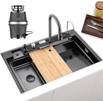 Lefton Kitchen Lefton 33"x22" Single Bowl Stainless Steel Waterfall Kitchen Sink KS2206L-PRO Grey, 33x22 w/ 3/4 HP garbage disposal