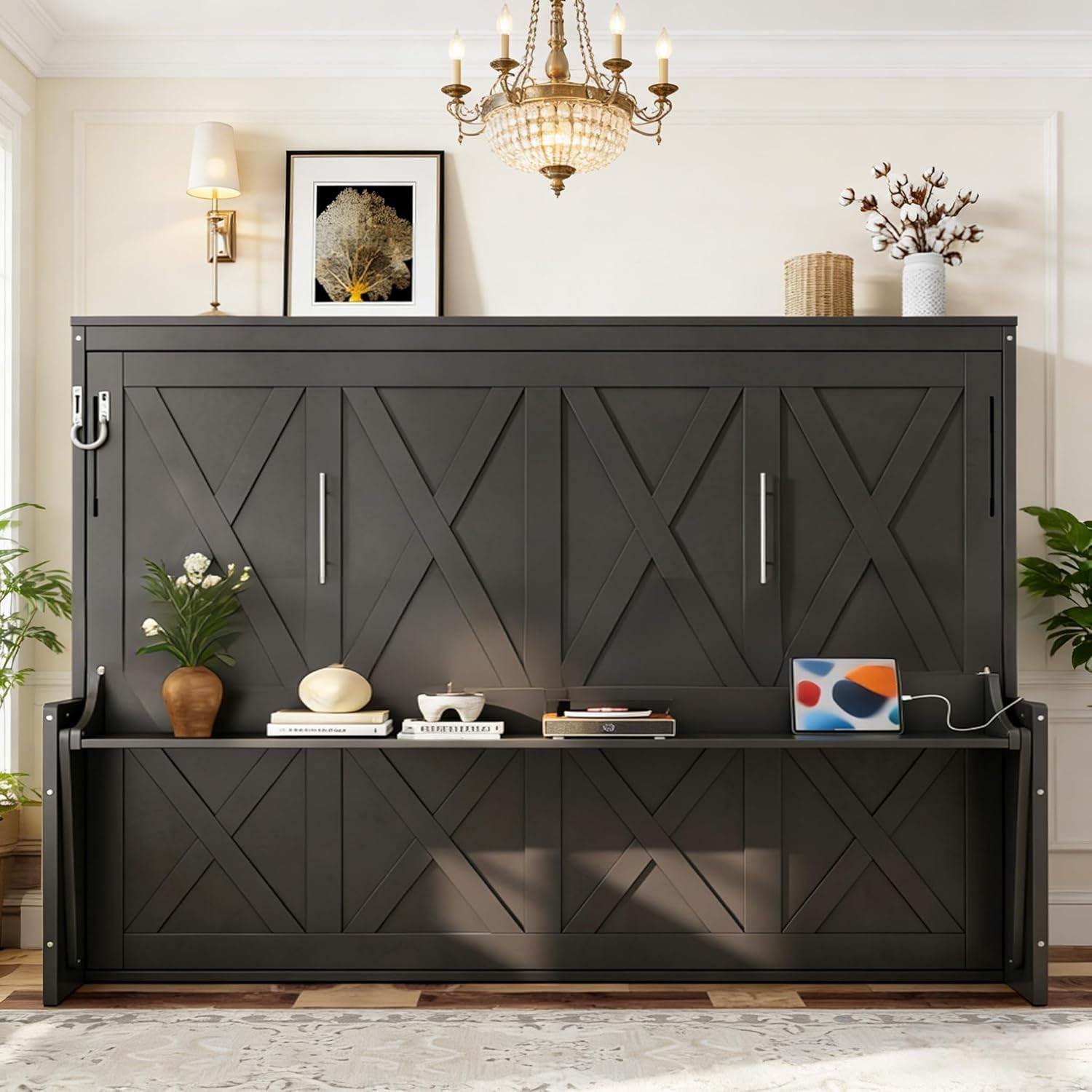 SOFTSEA Horizontal Murphy Bed Queen Size with Desk, Farmhouse Murphy Bed Cbinet with LED Lights & Charging Stations, Wood Hideaway Wall Bed Frame for Bedroom, Guest Room, Grey