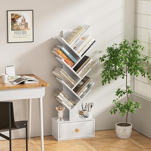 Miniatura 4 de Estantería de árbol de 8 niveles con cajón, estantería de madera de pie para sala de estar, dormitorio, oficina en casa, organizador de