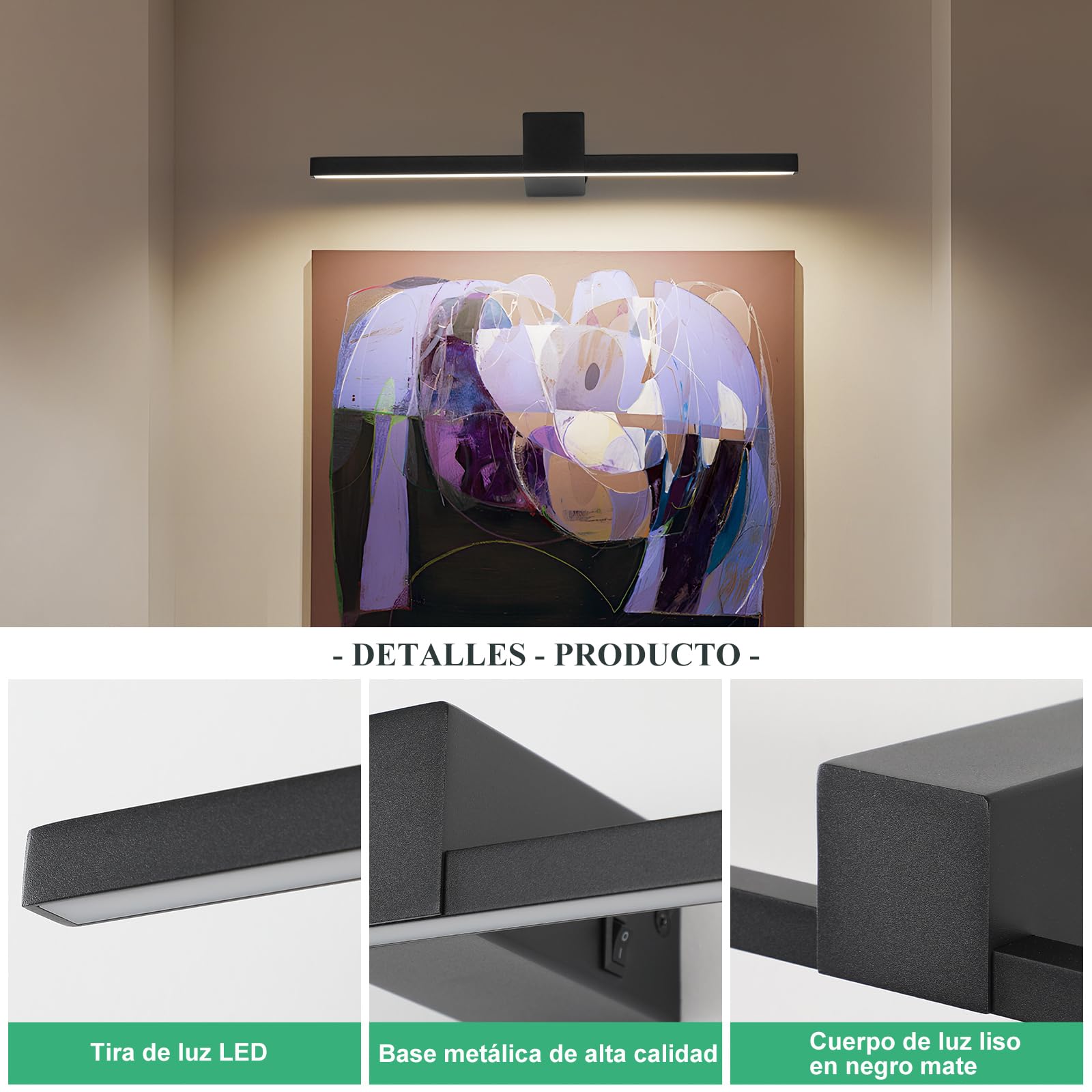Lámpara de Espejo Baño LED 40CM 12W 960LM, Blanco Neutro 4000K Aplique Espejo Baño Moderno para Maquillaje IP20 (Negro)