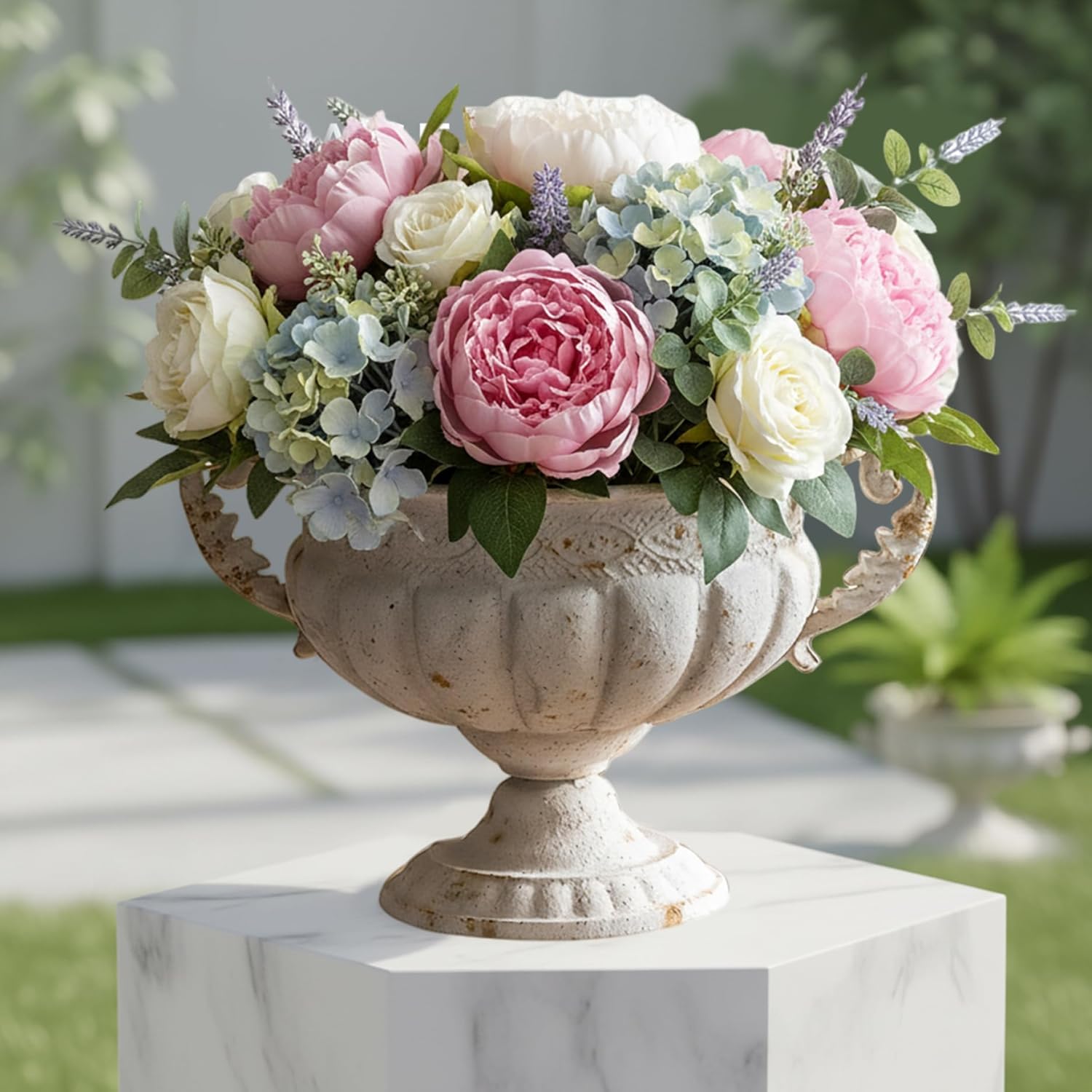 Decorative Planter Urn Planter, 12x8.5in Iron Embossed Vintage with Dual Ears Urn Vase for Indoor Outdoor Home Decor