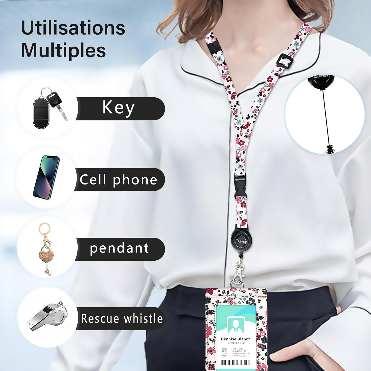 bolimoss Double Sided Clear Badge Holder ID Badge Holder with Adjustable Lanyard and Retractable Reel, Cute Floral Leather Card Name Tag Lanyard ID Protector Bage Clips for Nurse Teacher Student - Image 8