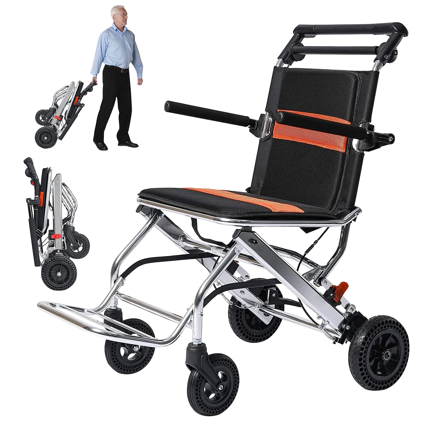 SXSLTSA Lightweight Folding Wheelchair with Hand Brakes - Support 220Lbs, Aluminum Wheelchair for Adults and Seniors - Transport Travelling Wheelchair Trolleys