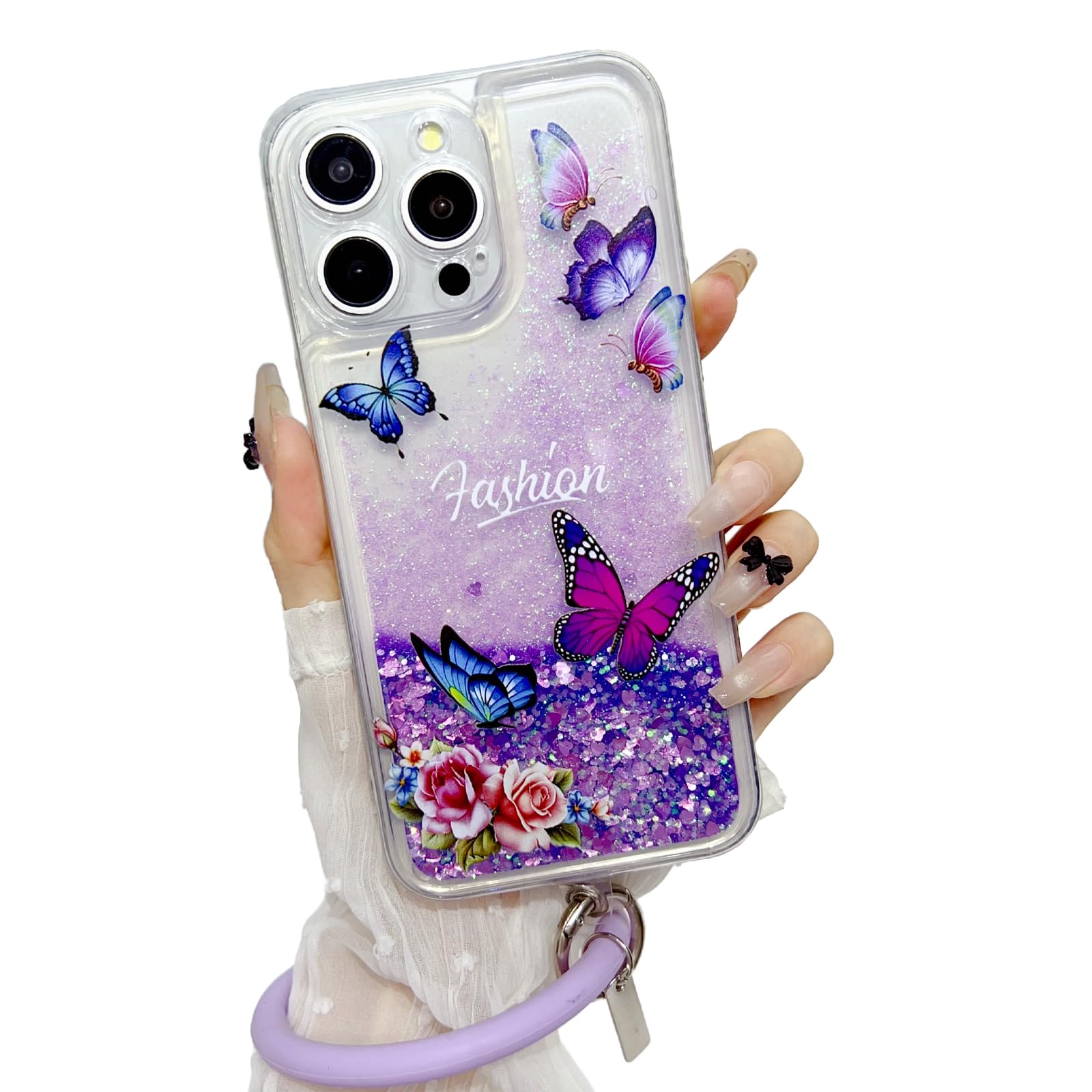 Lubiogio Quicksand Butterfly Case with Bracelet for iPhone 15 Pro Max 6.7 inch,Cute Cartoon Flower Butterfly Bling Glitter Liquid Quicksand Kawaii