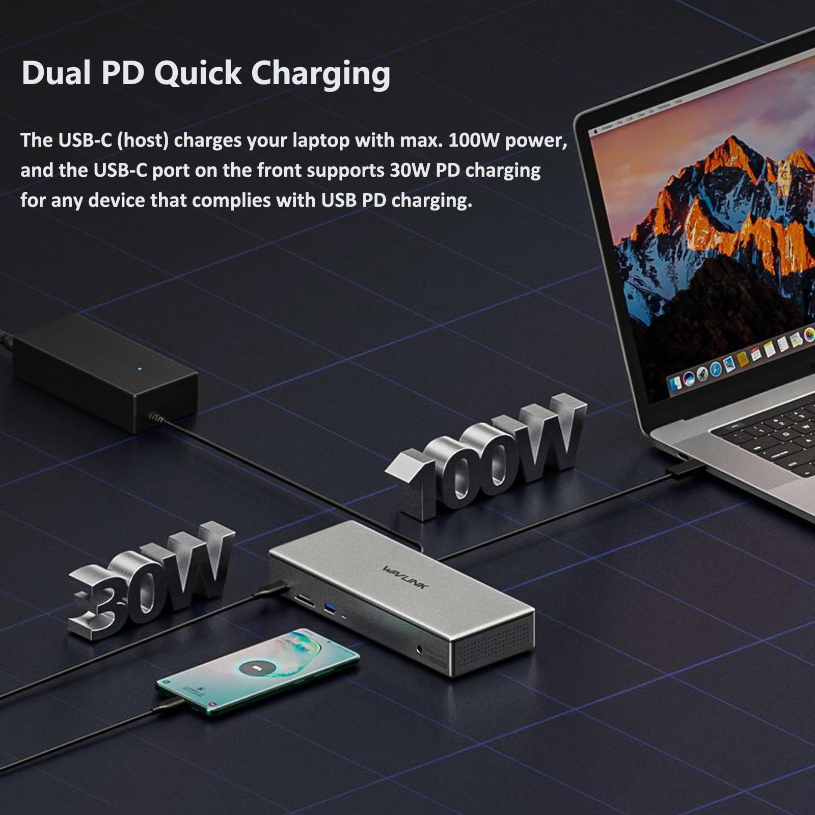 WAVLINK Dock USB C Quad Display 5K 4K@60Hz, Station d'accueil USB A pour MacBook Neo/Thunderbolt 3/4, Windows/Mac M1/2,4 HDMI,4 DP,2.5G RJ45,Alimentation AC180W,Transfert de données 10Gbps,SD/TF,Audio