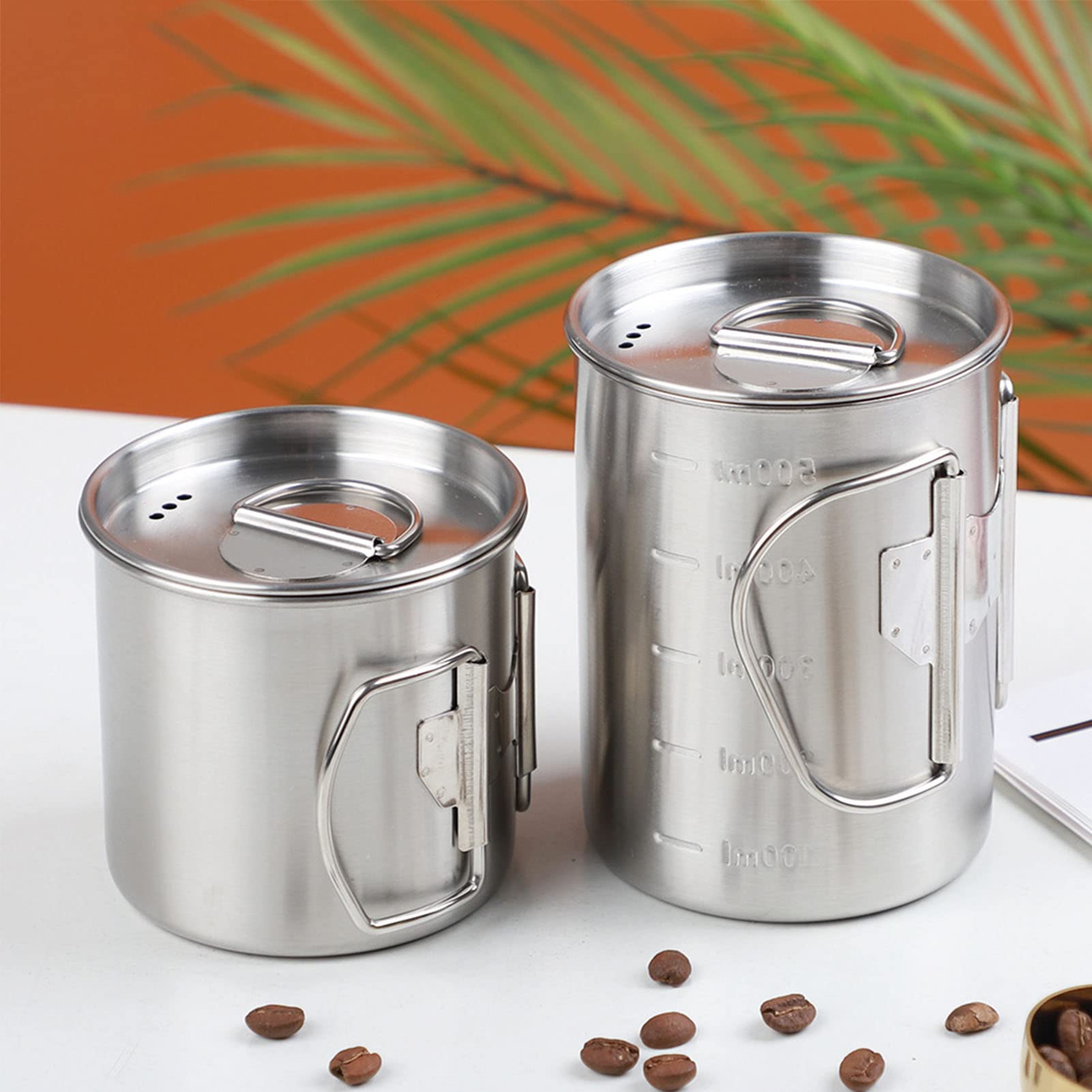 lyrlody Kubek Kempingowy ze Stali Nierdzewnej, Kubek z Uchwytem, ​​składanymi Uchwytami i skalą Objętości, Składany z pokrywką, na Piknik Kempingowy (500ML)