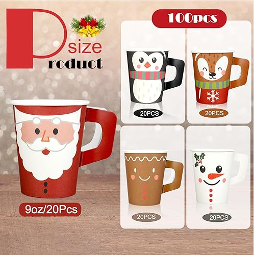 Miniatura 3 de Zhehao 100 Pcs Christmas Paper Cups with Handles 9oz Disposable Santa Claus Snowman Coffee Drinking Hot Chocolate Cup Winter Xmas Festive Holiday