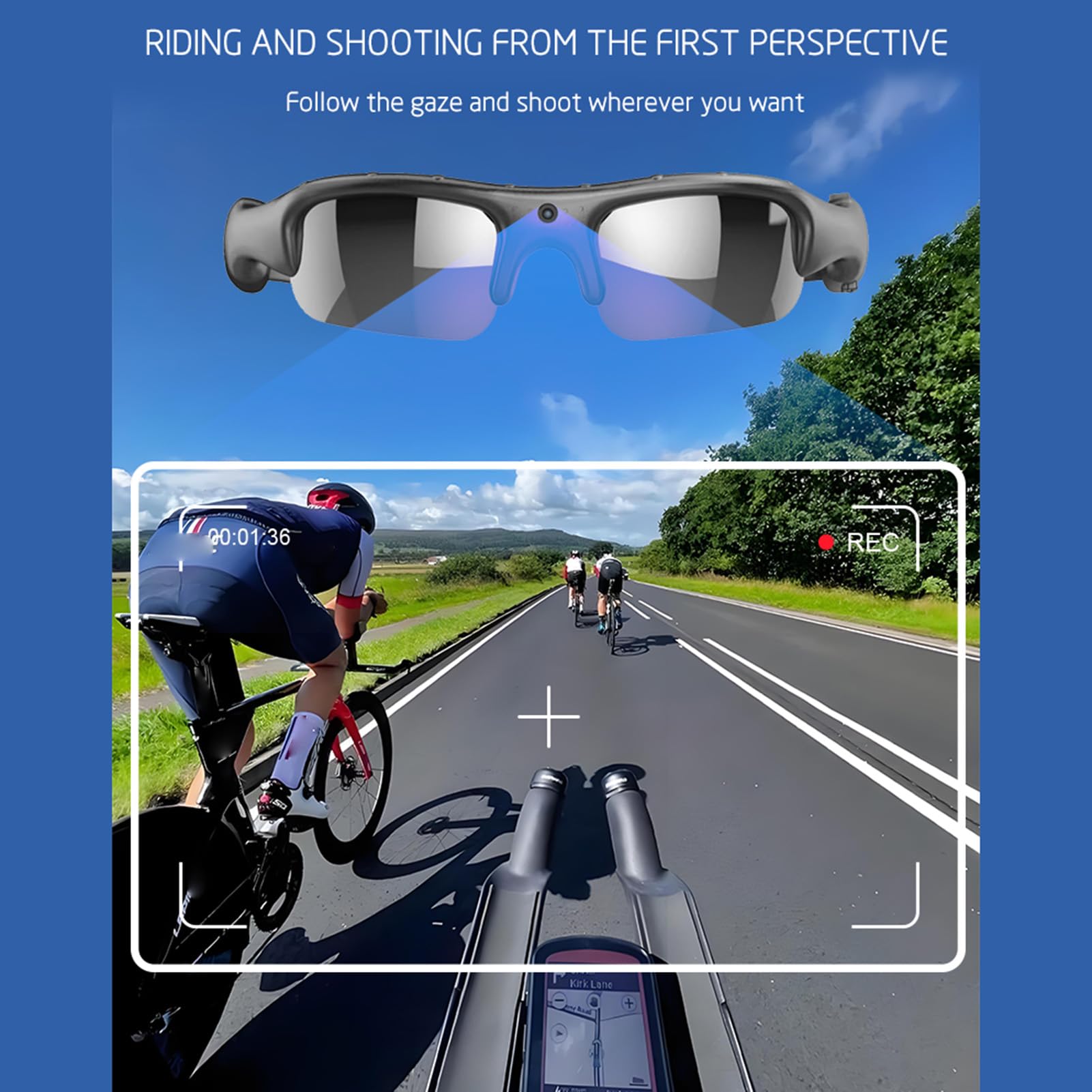 BuyWeek Occhiali ciclismo intelligenti con fotocamera HD 1080P, lenti polarizzate, connessione app, registrazione della vista in prima per il ciclismo e altro ancora