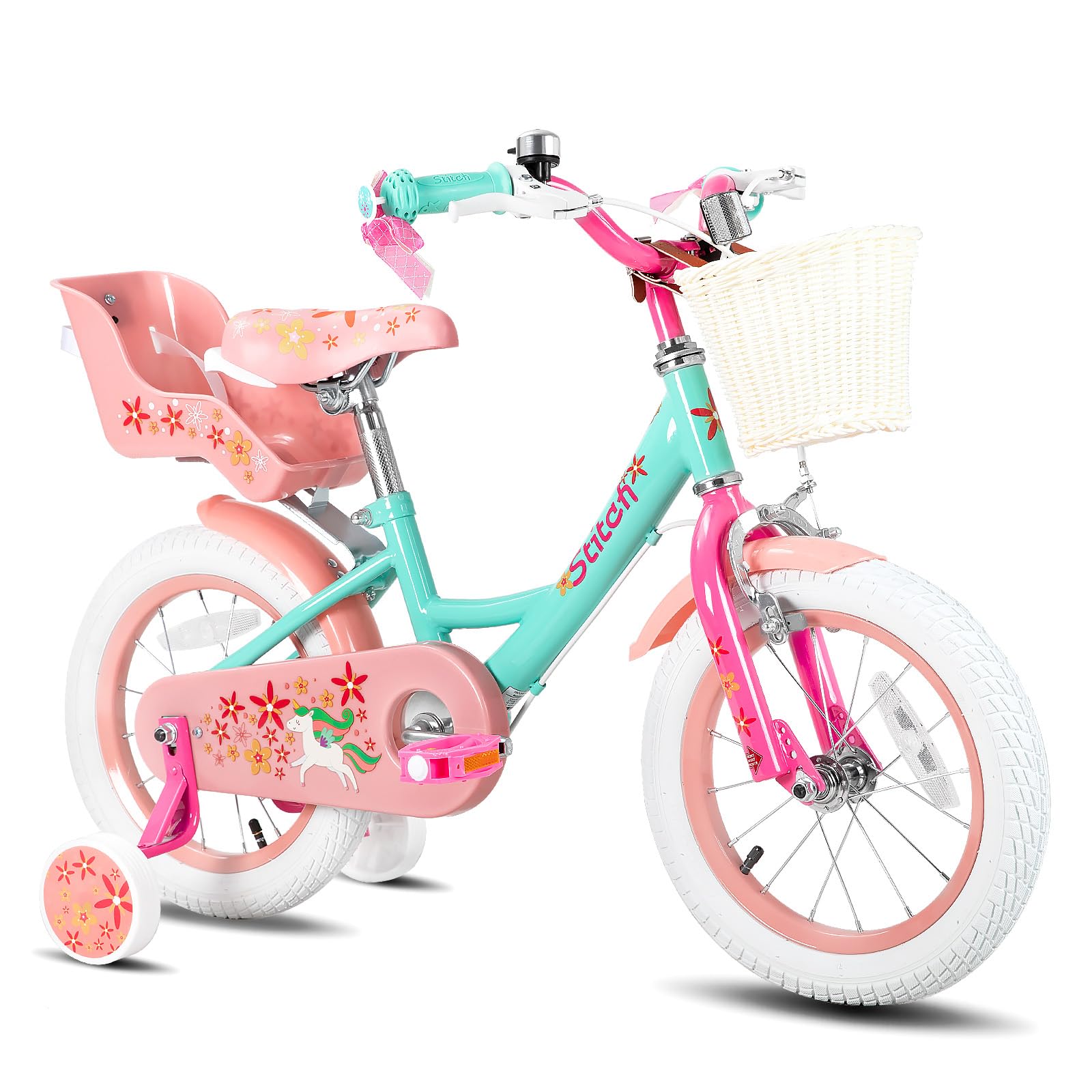 STITCH Unicorn 14 Inch Girls Bike for 3-5 Years Old Kids, 14 Inch Girls Bike with Basket & Doll Seat，Green — image 1