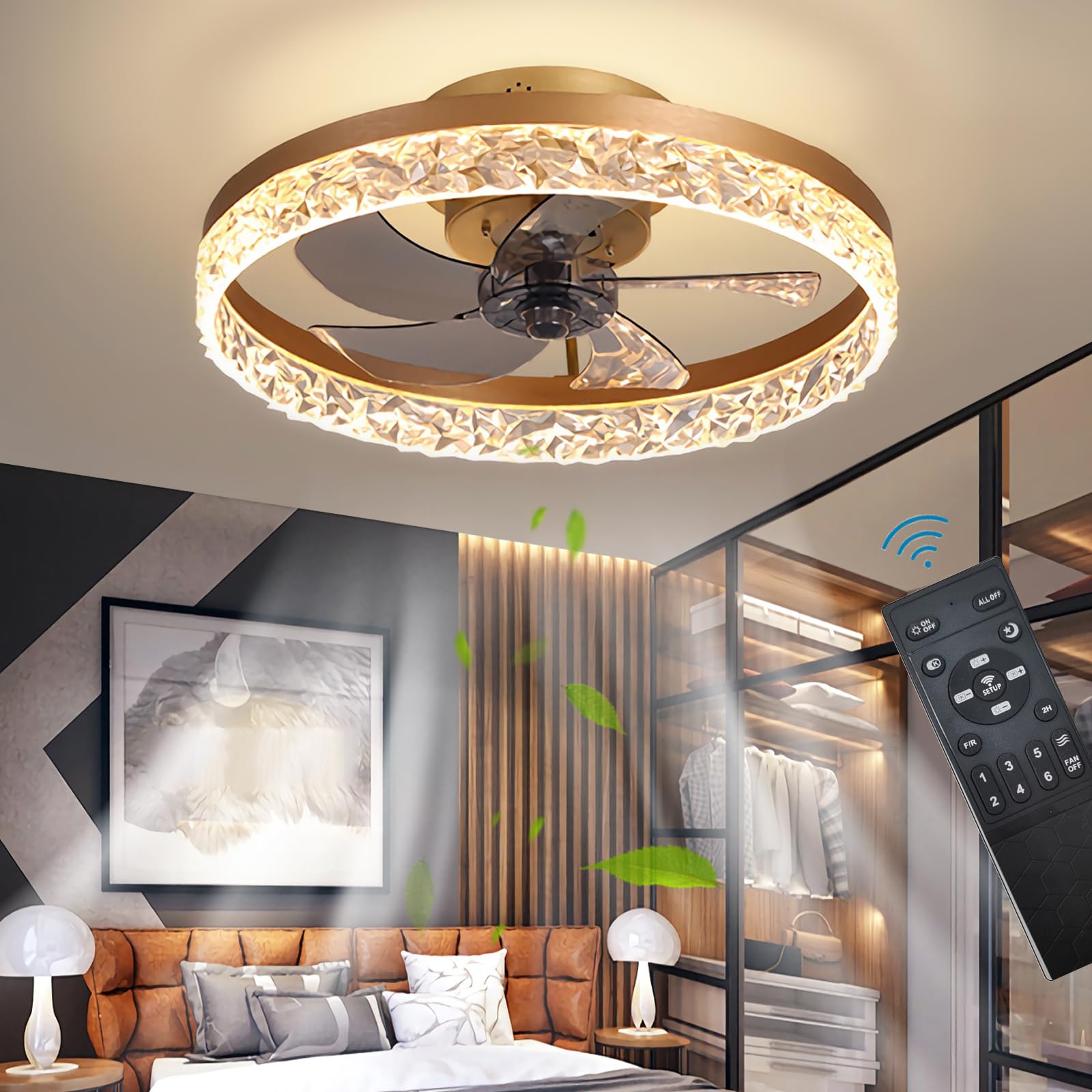 Quiet Ceiling Fans with Lights Remote Control, Modern Lighting Fan Ceiling Light LED Dimmable Ceiling Fan Lamps for Bedroom Living Room, Fan Reversible and 6 Speeds (Gold, 50CM) [Energy Class E]