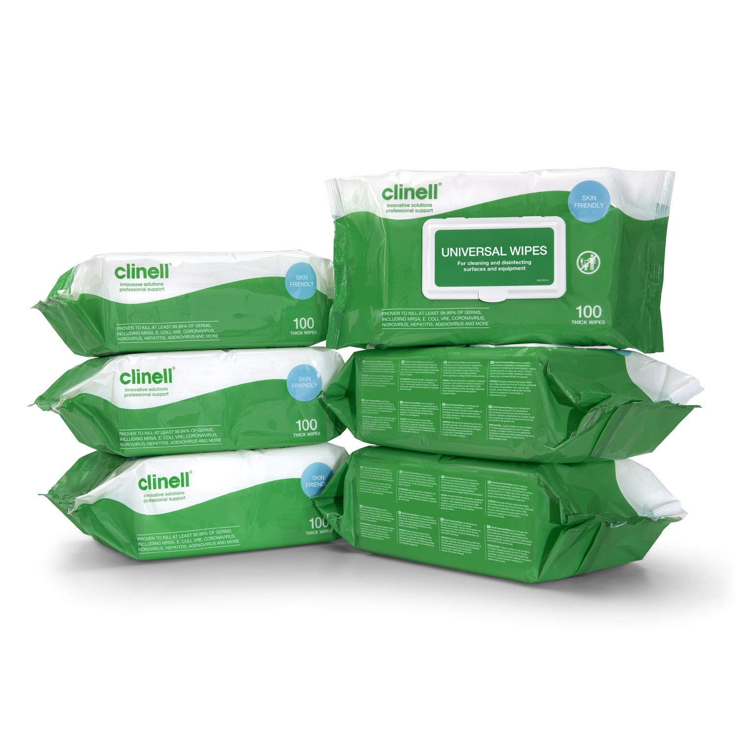 Clinell Universal Cleaning and Disinfectant Wipes for Surfaces (BCW100-1) - 6 Packs of 100 Extra Thick Heavy Duty Wipes - Multi Purpose Wipes, Kills 99.99% of Germs, Effective from 10 Seconds
