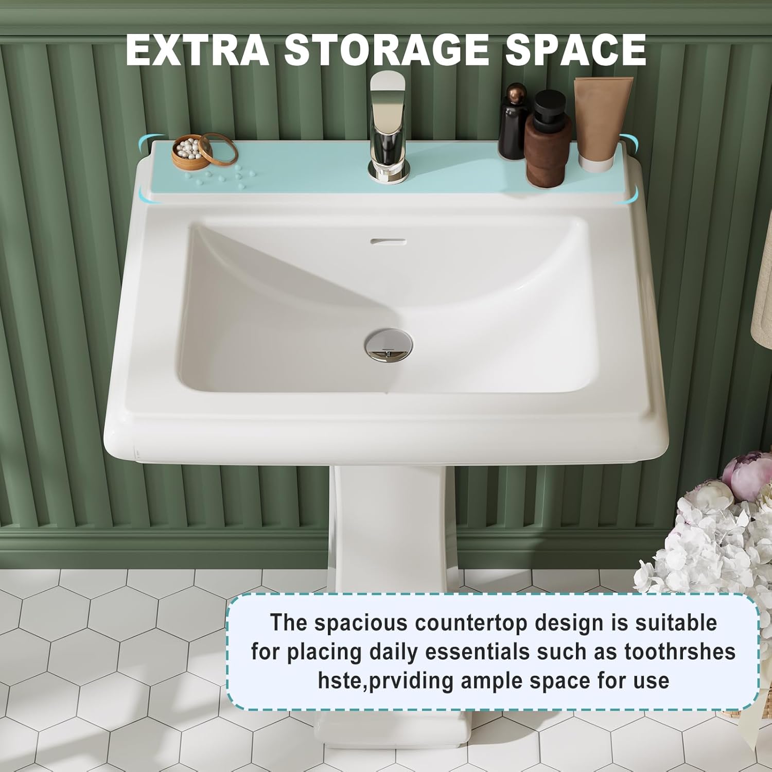 Pedestal Sink Square Ceramic Basin with Single-Hole Faucet Mount, Large Bathroom Sink for Home Vanity and Remodeling, Clean Modern Pedestal Style for Residential Bathrooms