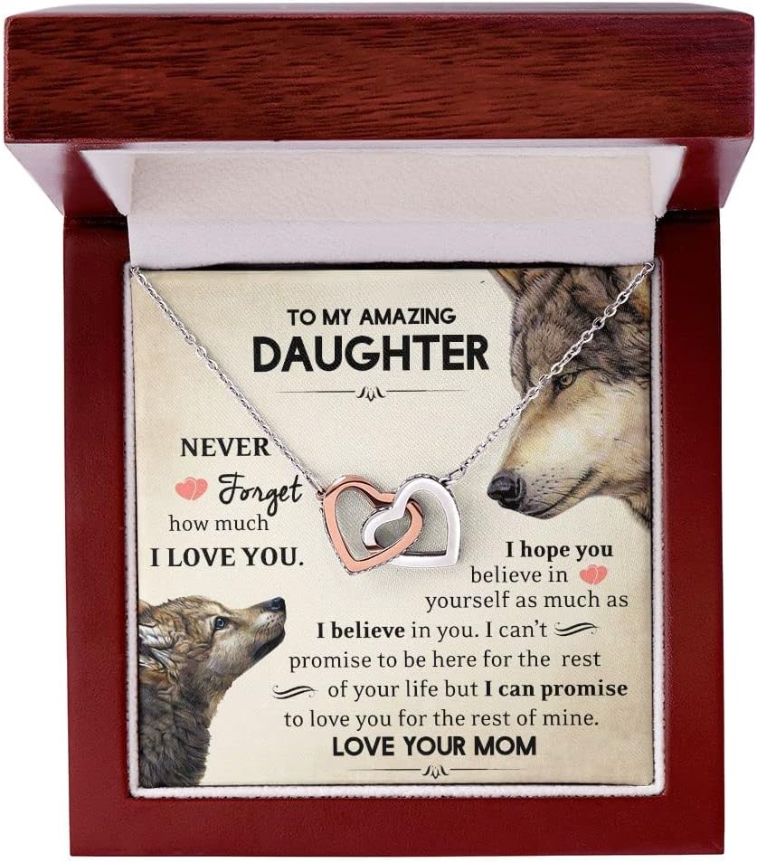 Custom Heart Necklace For Daughters from Lion Father Mother, Personalized Jewelry Birthday Gift, Beautiful Pendant to Women Girls, Christmas Daughter Love Necklaces Gifts From Mom Dad to Girl (Interlocking Heart (w Luxury Box), Never forget how much I love you)
