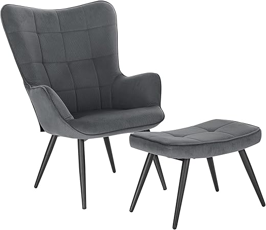 WOLTU Relaxsessel Lehnstühle Vintage Retro Sessel Polstersessel mit Hocker Fernsehsessel Ohrensessel Cordsamt Dunkelgrau SKS28dgr