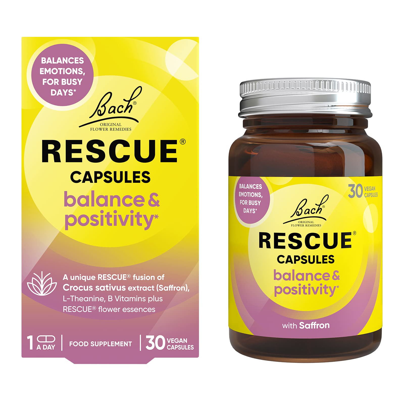 RESCUEBalance and Positivity Capsules (30 Day Supply) Saffron, B5 B12 Vitamins, Flower Essences, Vegan Mood Enhancer Capsules for Emotional Balance and Busy Days