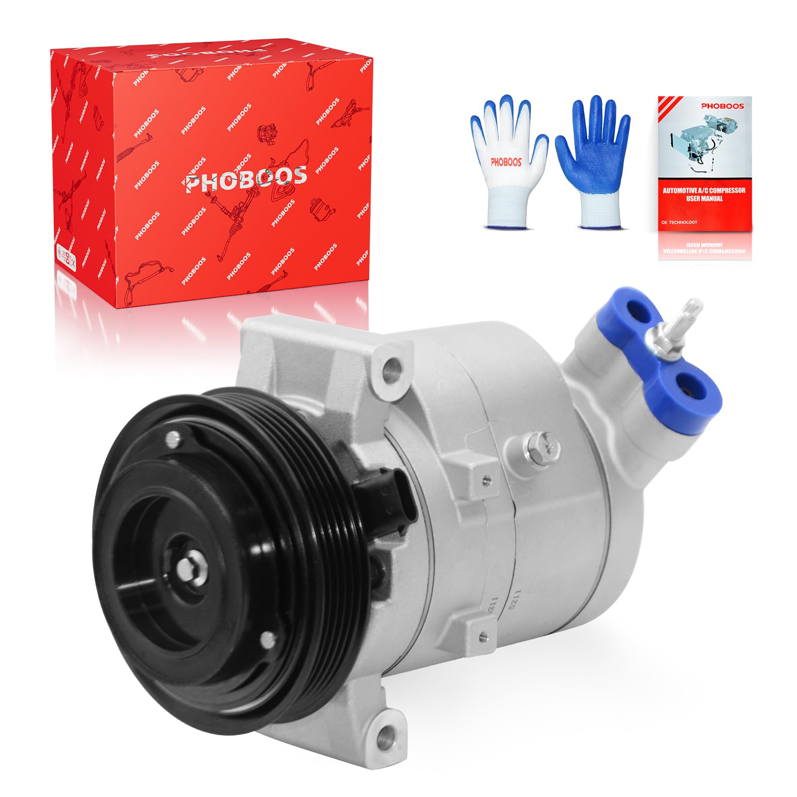 PHOBOOS Sprężarka klimatyzacji ze sprzęgłem kompatybilna z Chevrolet Equinox 2010-2011 i GMC Terrain 2010-2011, 2015 L4 2.4L, sprężarka w stylu SP17, szybkie chłodzenie, niski poziom hałasu, łatwa