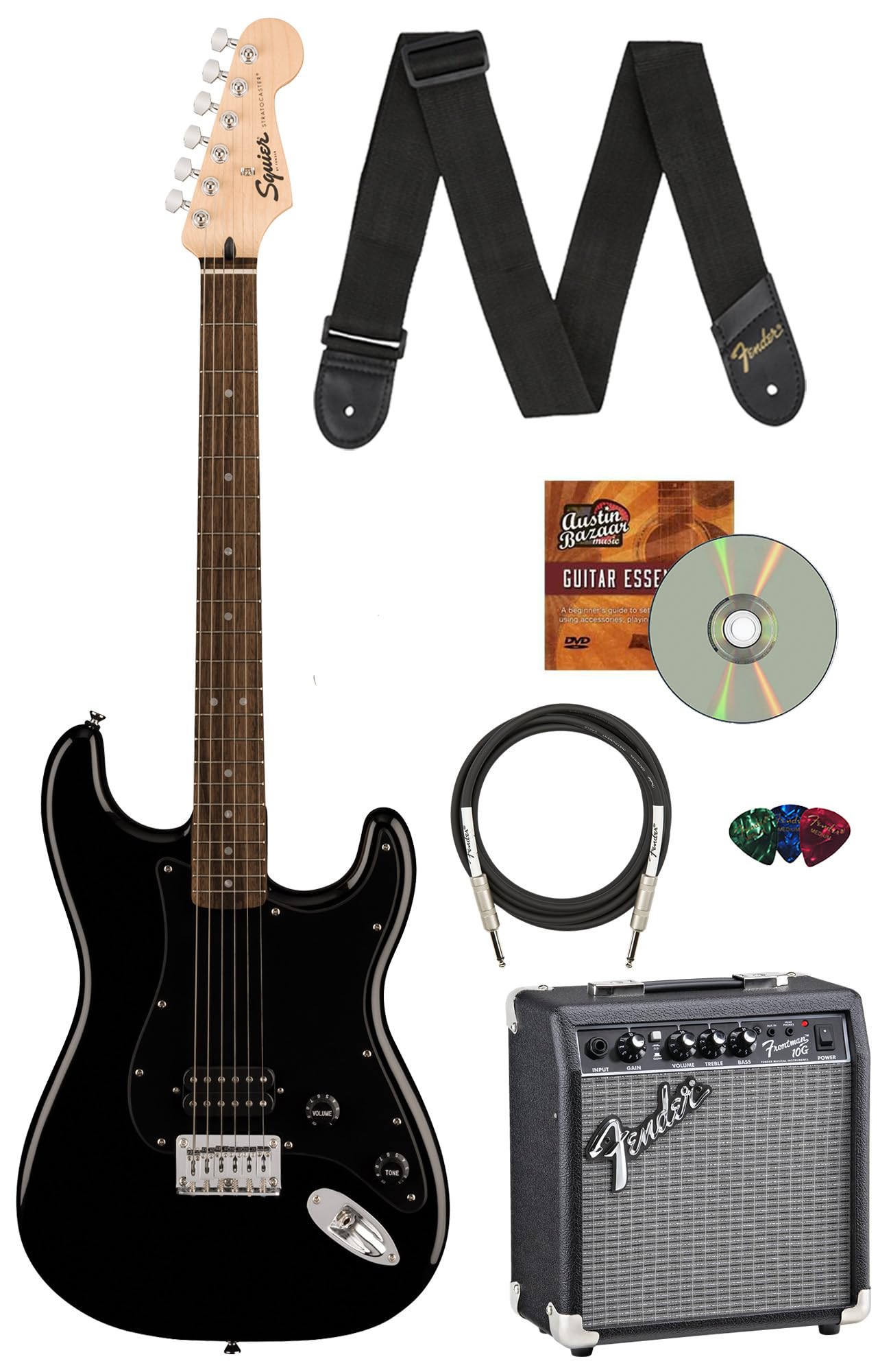 FenderSquier Sonic Stratocaster HT H - Black Bundle with Frontman 10G Amp, Strap, Cable, Picks, and Austin Bazaar Guitar DVD