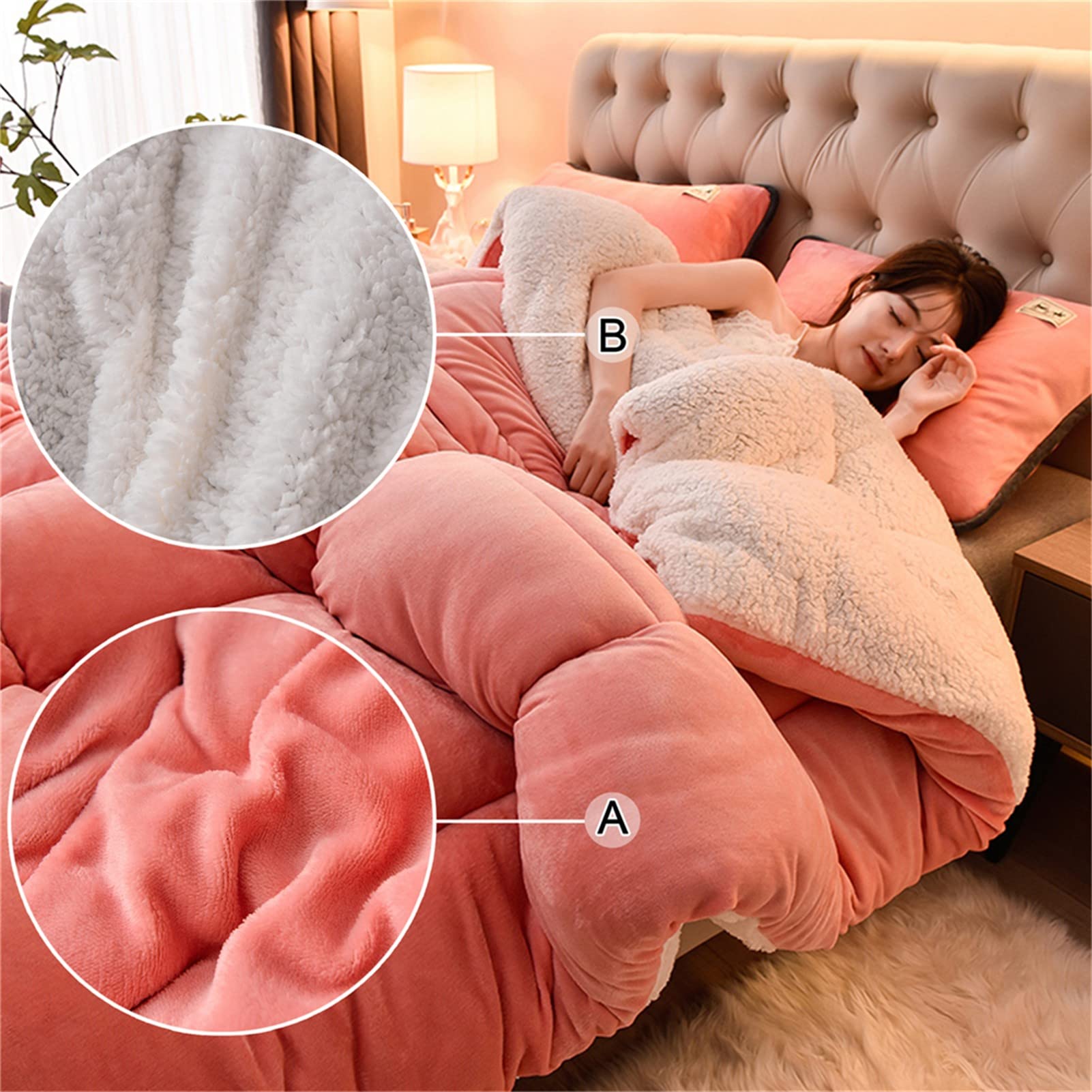 Super Warm Winter Katoenen Dekbed Dubbelzijdig Fluwelen Quilt Core met Lam Kasjmier Stof Verdikte en Zachte Deken voor Koude Nachten (Roze 220x240cm