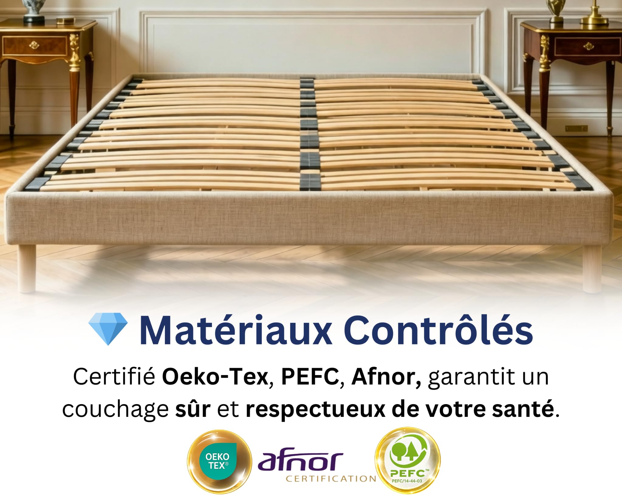 Sommier 140x190 Beige, Hauteur 30 cm, à Lattes Actives en Bois, Cadre Tapissé, Structure et Pieds Solide en Bois Massifs, Stable et Silencieux, Lit 2 Places pour Chambre Adulte