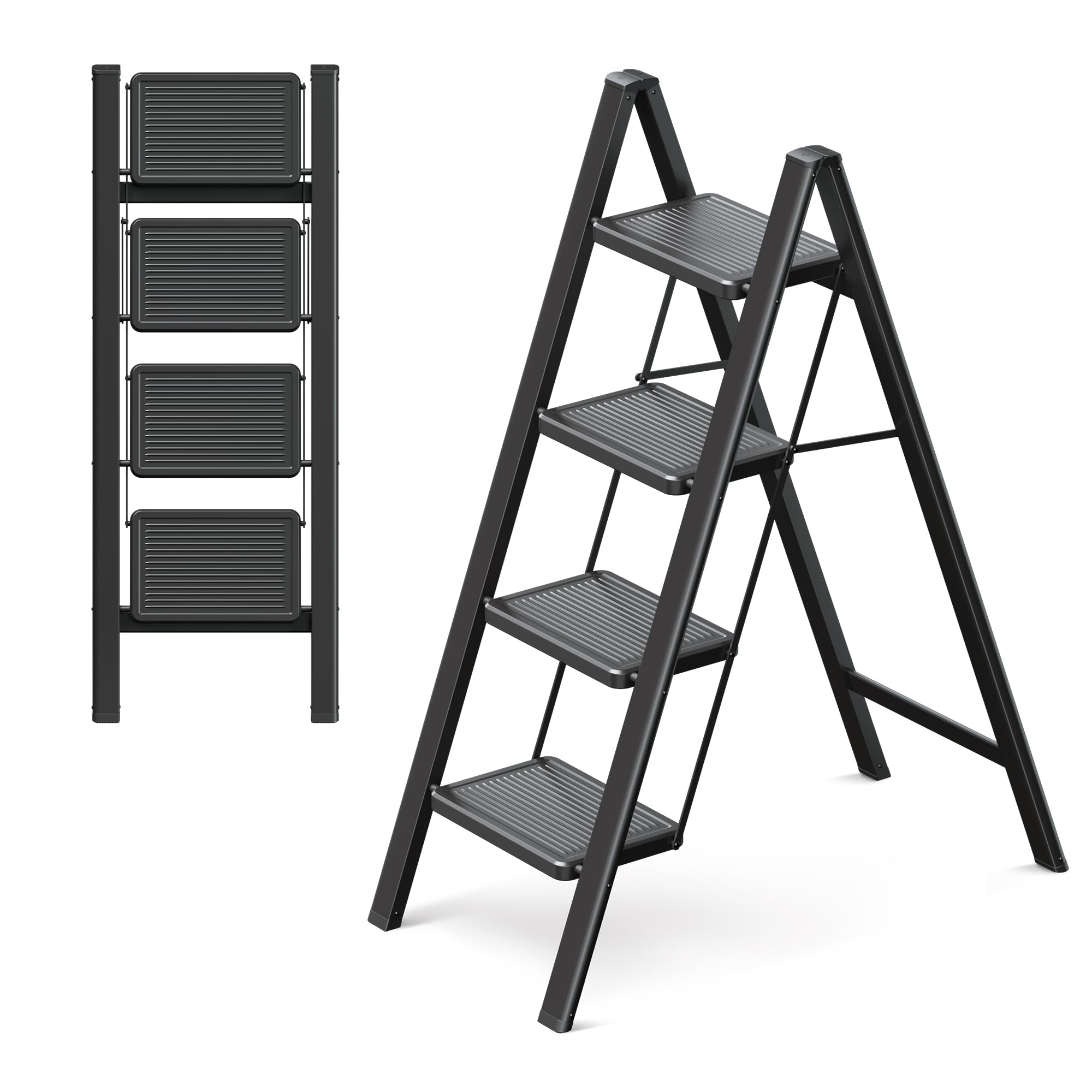 Escalera de 4 escalones, taburete de 4 escalones para adultos, escalera plegable con pie seguro, pedal ampliado, aspecto estéticamente agradable, se mezcla directamente en habitaciones
