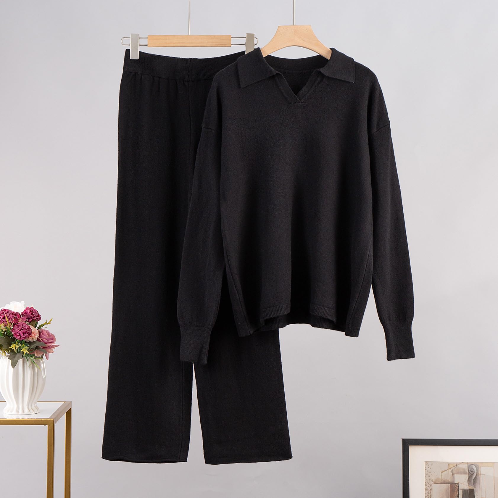 Damen Strickoutfit V-Ausschnitt Pullover mit geraden Weitbein Hosen Elegantes einfarbiges Set