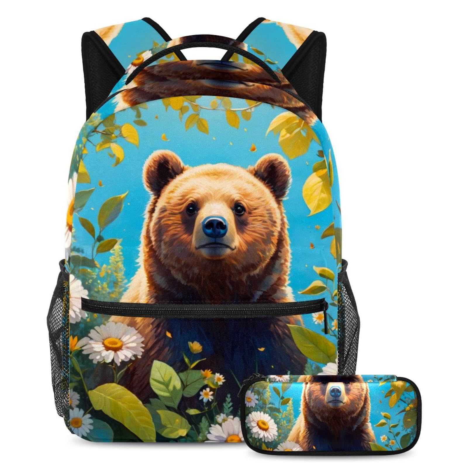 Sac à dos d'école 2 pièces multicolore motif ours et fleur