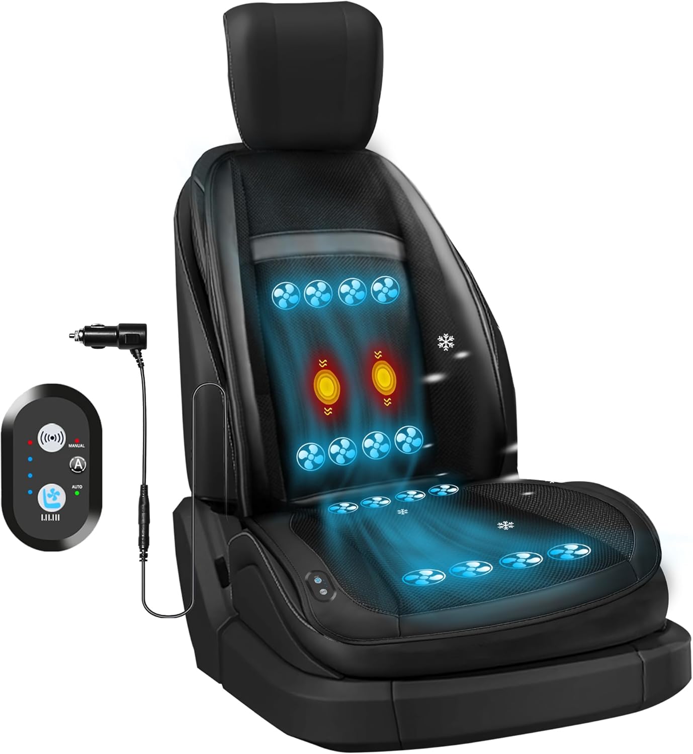 12V Ventilated Cooling Car Seat Cover Front Seat, AC Cooling Car Seat Cushion with Massage, 16 Fans Seat Cooler with Auto Start/Stop & 3 Adjustable Wind Speeds, 1PCS (Black, Cooling Massage)
