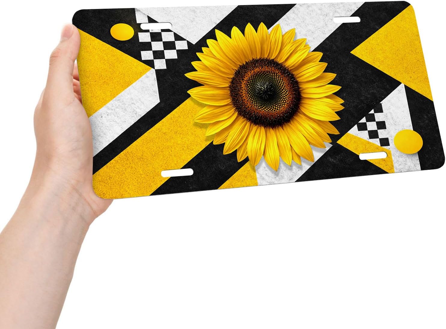 Sunflower Front License Plate for Women Modern Geometric Black White Yellow Car Vanity Plates Decorative Aluminum Metal Cute Novelty License Plate for Men 6x12 Inch (4 Holes) image 4