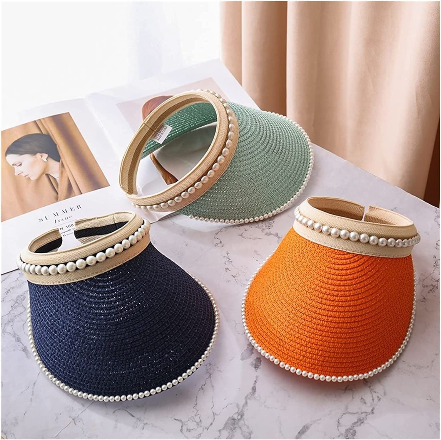 Casquette Visiere Femme, Summer Chapeau De Soleil Haut Vide D'été pour Femmes À Larges Bords Perle Plage Pliable, Chapeau de Plage