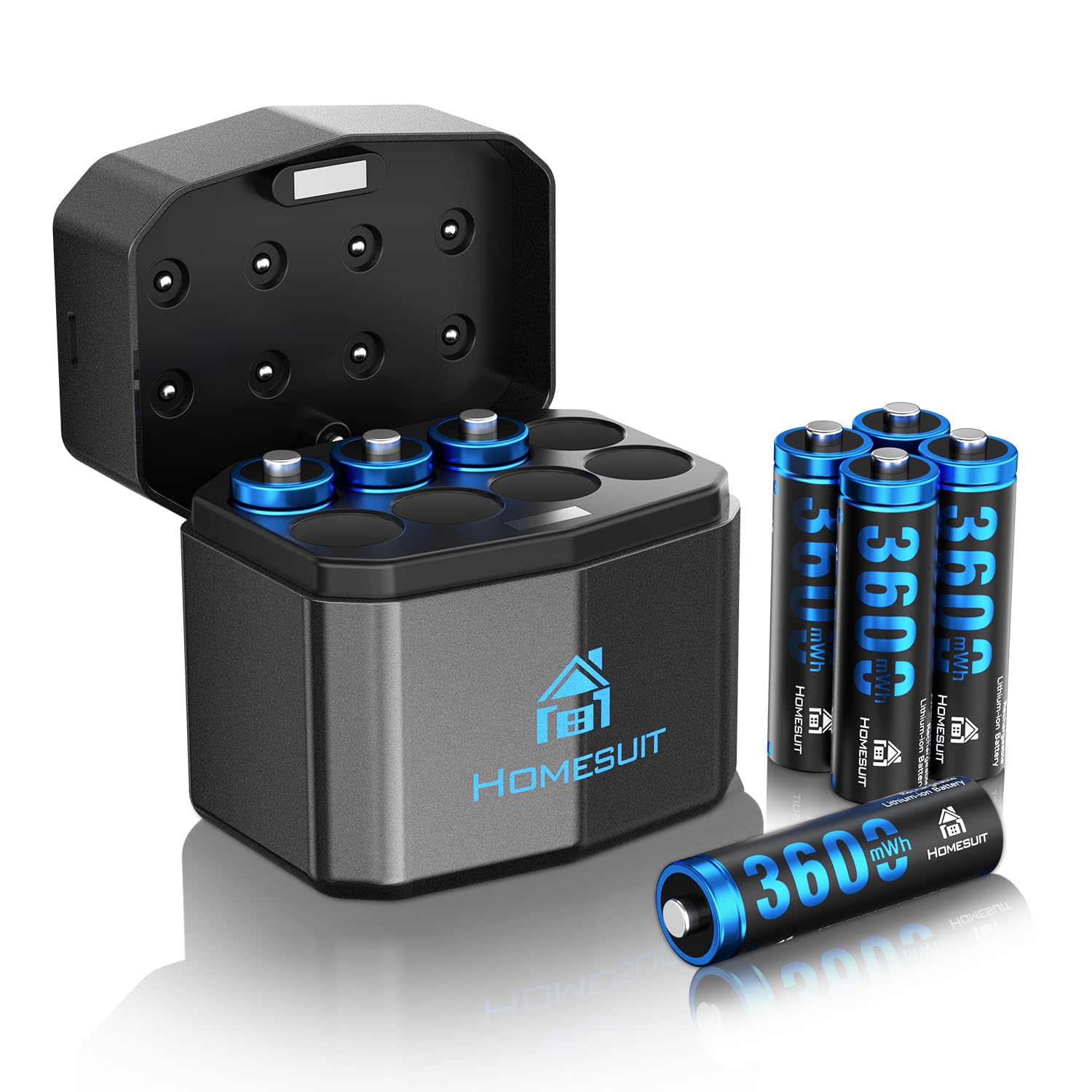 Homesuit Rechargeable Lithium AA Batteries with Charger, 8 Pack 1.5 Volt High Capacity 3600mWh Lithium Batteries AA Rechargeable, Double A Battery Recharge up to 2000+ Cycles, Blue