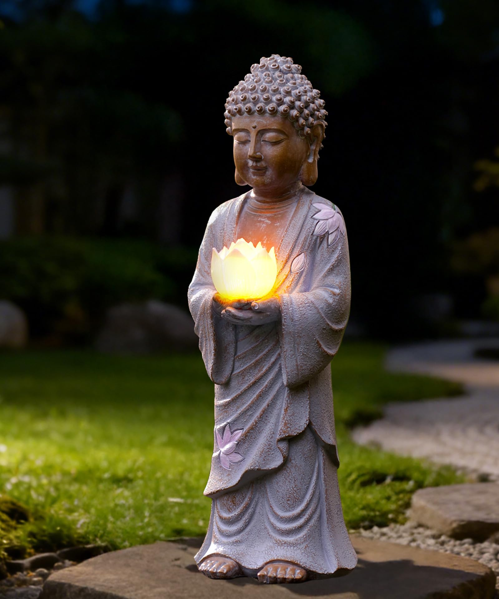 Yeomoo Figura de Buda de pie con LED solar de loto, decoración de jardín, resistente a la intemperie, para jardín, salón, Feng Shui, espiritual, regalo para mujeres, mamá y hombres, 37 cm