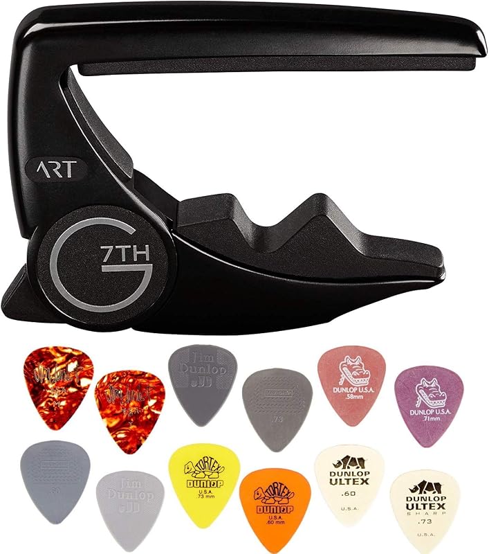 G7th Performance 3 ART Capo - 6 String, Satin Black - Bundled with Dunlop Variety Pick Pack