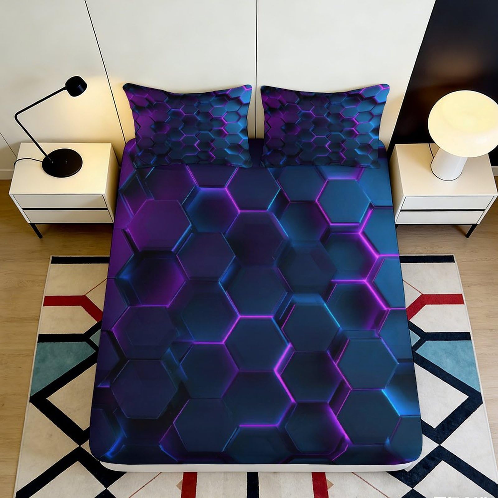 Uynsixtme Style-7 3D Printed Honeycomb Fitted Sheet Microfiber Deep Pocket Non-Slip Adult Bedding Set Hexagonal Mattress Fitted Cover Washable 90X200x25cm