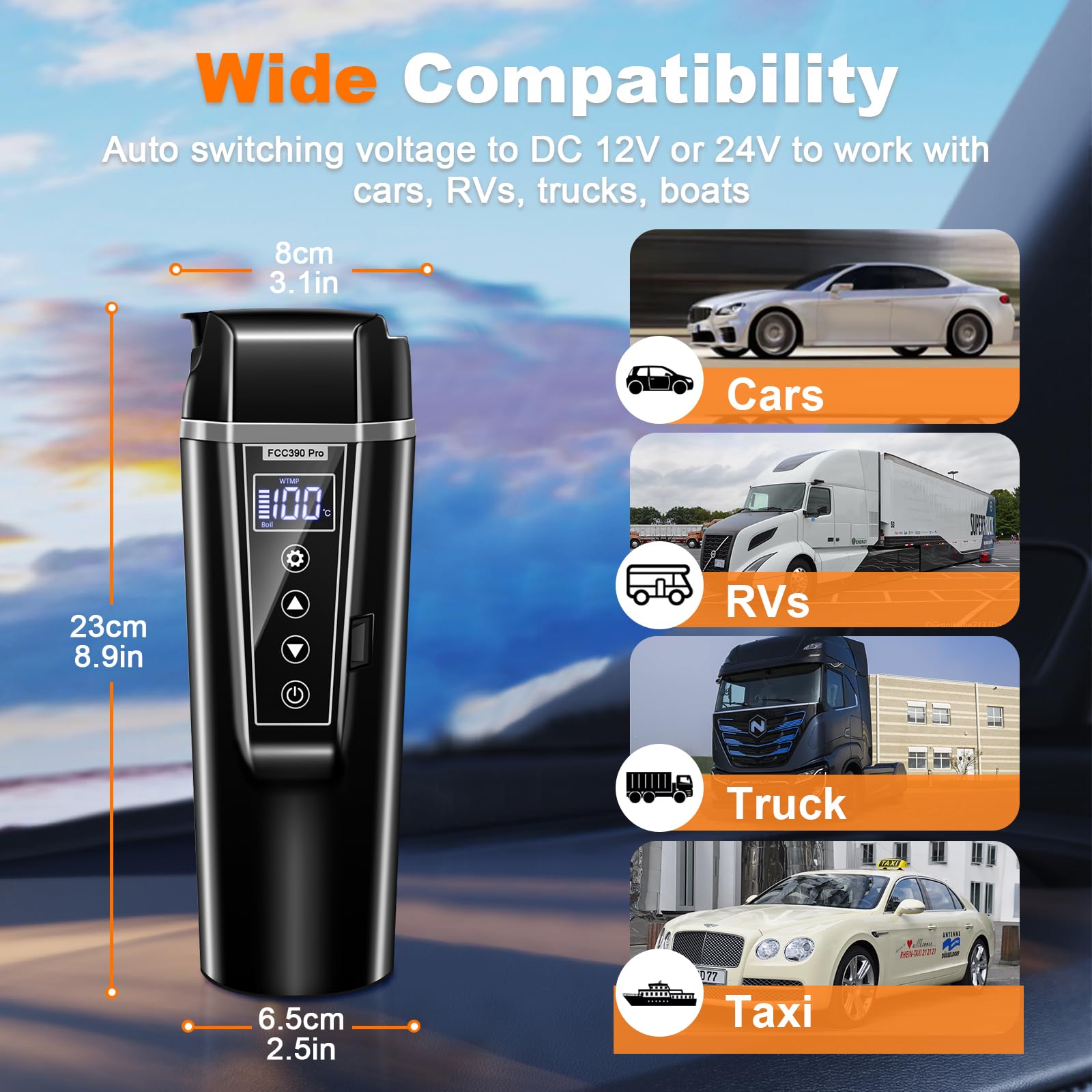 Reise Wasserkocher Auto 12v 24v für Auto LKW Taxi, Schnel Erhitzen Wasserkocher für Auto Reisebecher Temperaturkontrolle, 450ml