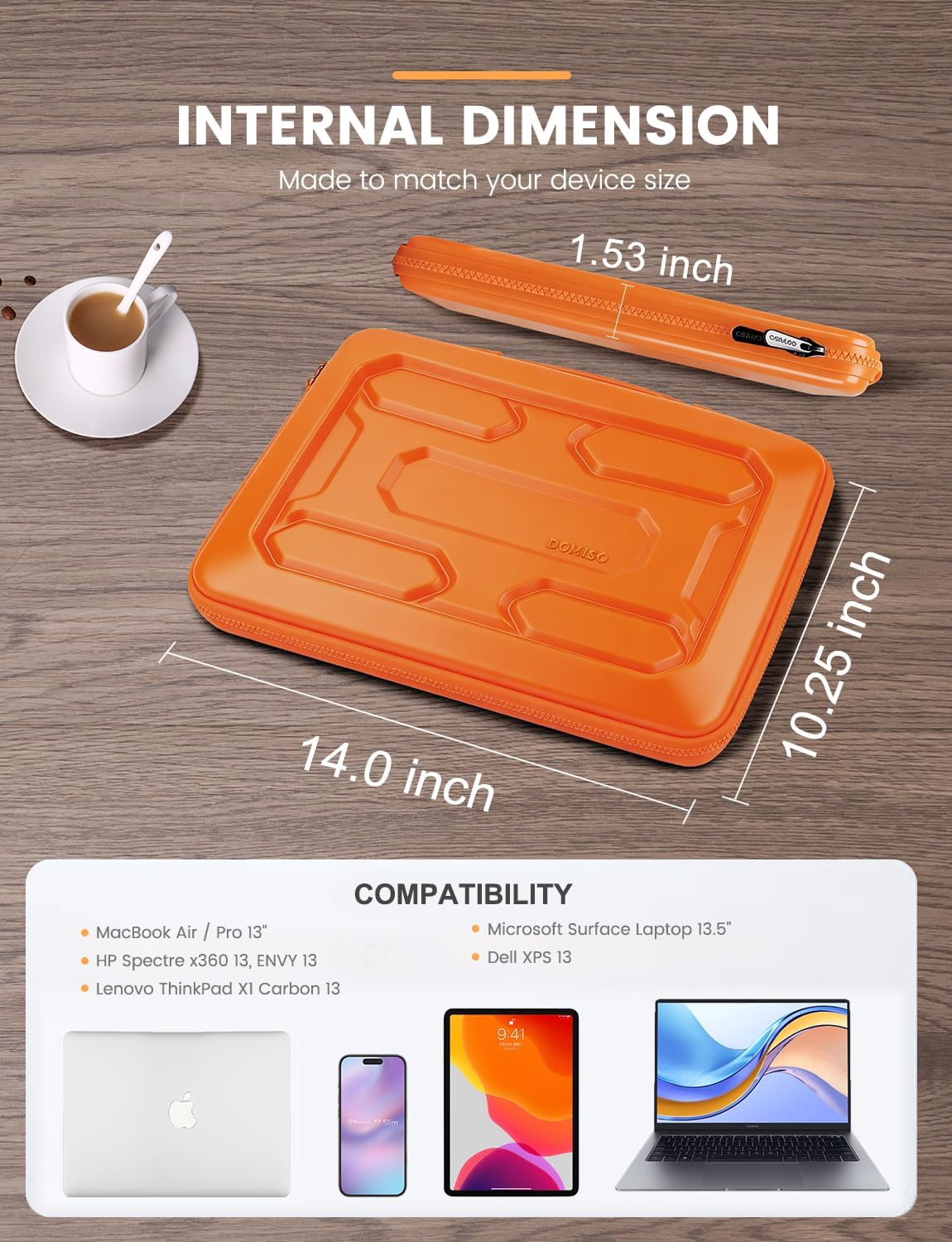 DOMISO 13.3 inch Laptop Sleeve with Handle Shockproof Computer Bag Waterproof EVA Protective Carrying Case for 13-13.3 inch Notebooks/13 MacBook Air/MacBook Pro Retina/Dell XPS 13/HP,Orange - Image 8