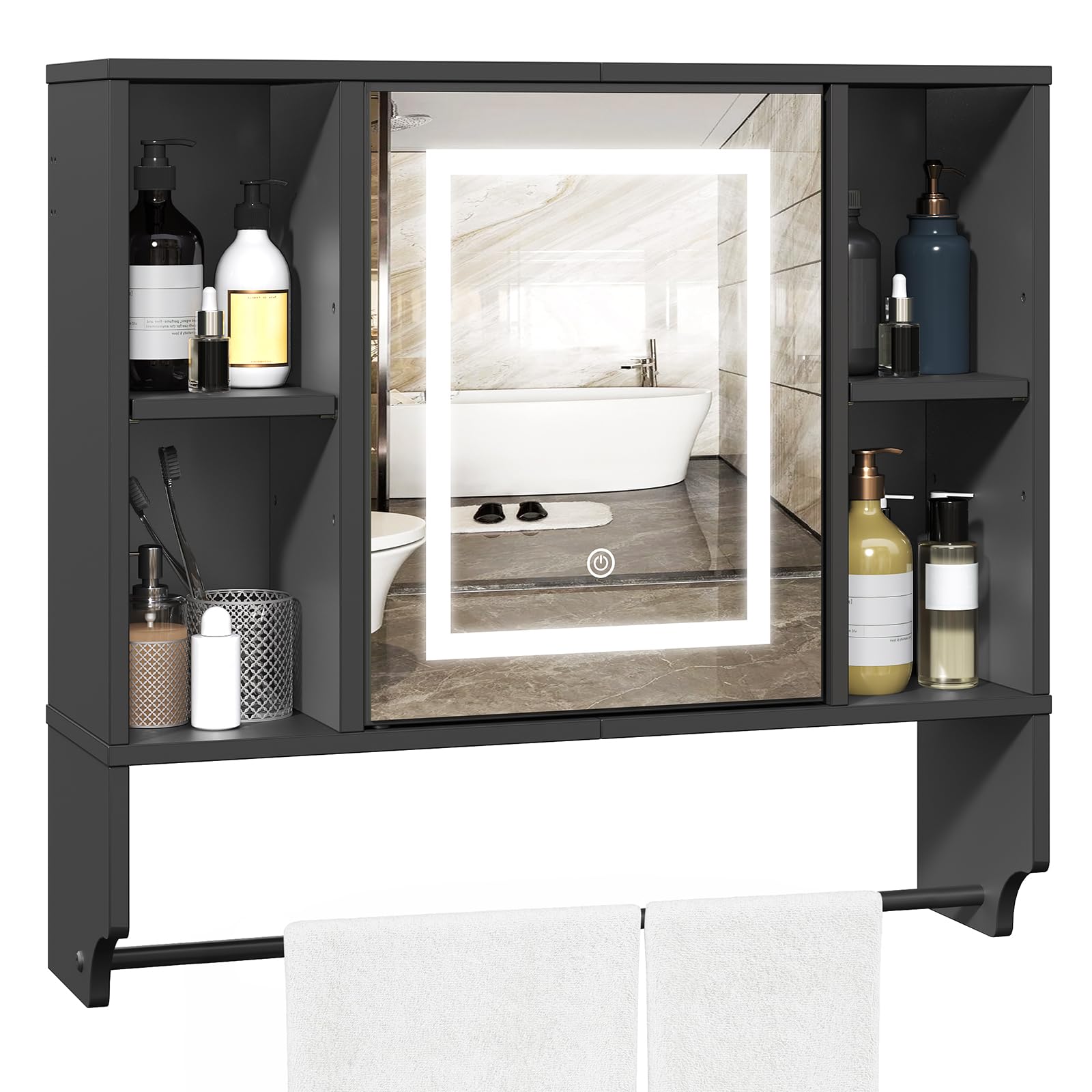 Bathroom Wall Cabinet with Mirror Wall Mounted Medicine Cabinet with Color Adjustment LED Lights Mirrored Over The Toilet