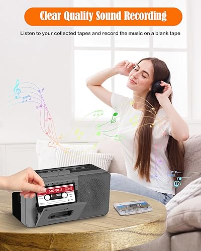 Miniatura 3 de Reproductor de cinta de casete Boombox con Bluetooth, grabadora de casete de radio AM FM SW portátil, altavoz de 8 W y conector para auriculares
