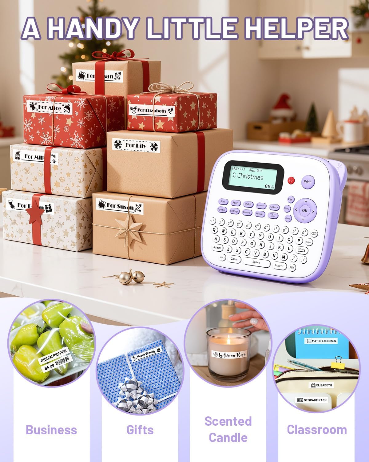 Label Maker Machine with-Tape Waterproof, Purple Portable Label Maker for Teachers Kids Classroom Use, Desktop Labeler with Multiple Symbols &Fonts for Home Office School Use, D210S