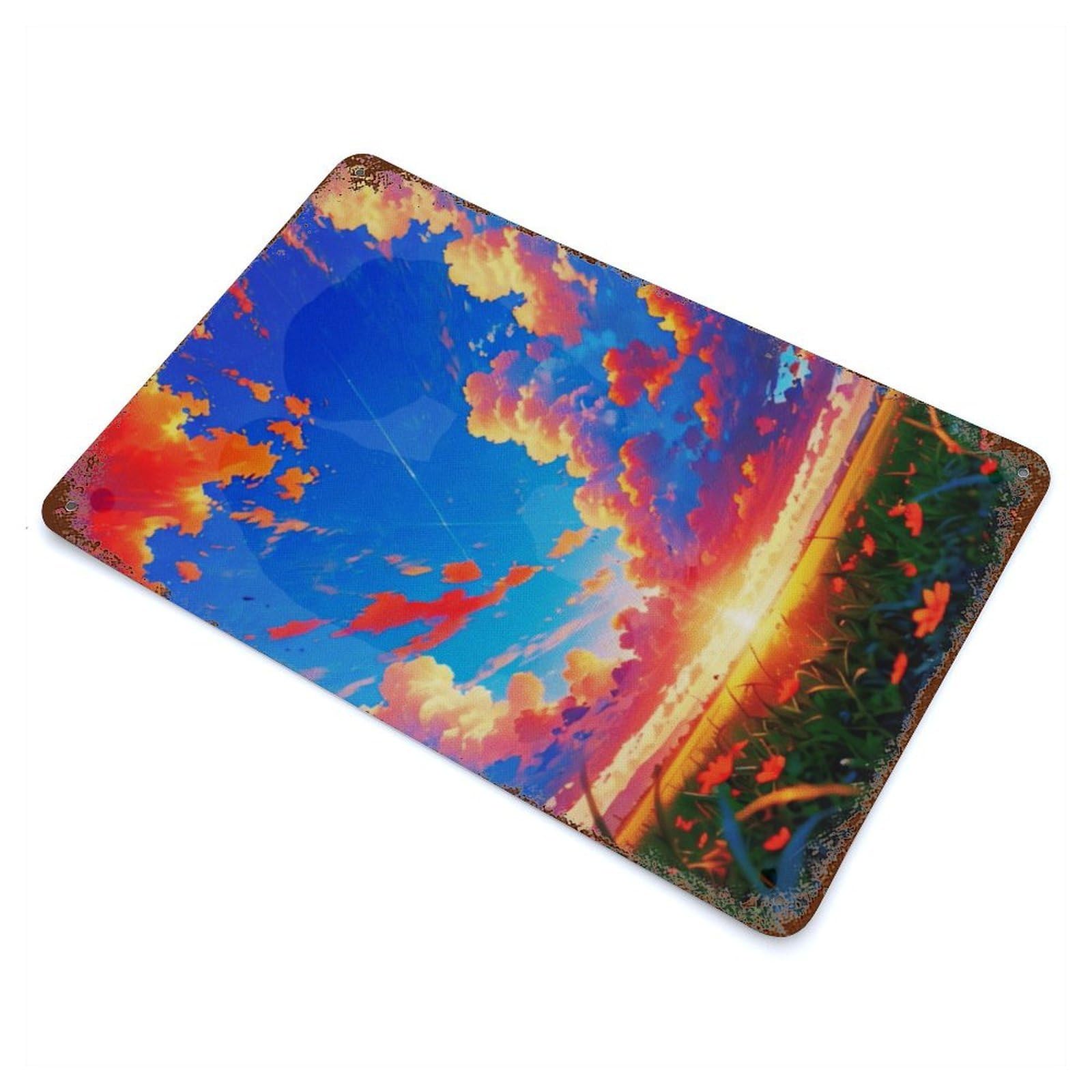 Aged Metal Wall Plaque with Sunset Anime Design 11.8"x7.9", for Farmhouse, Kitchen And Entryway Decor, Retro Wall Decor