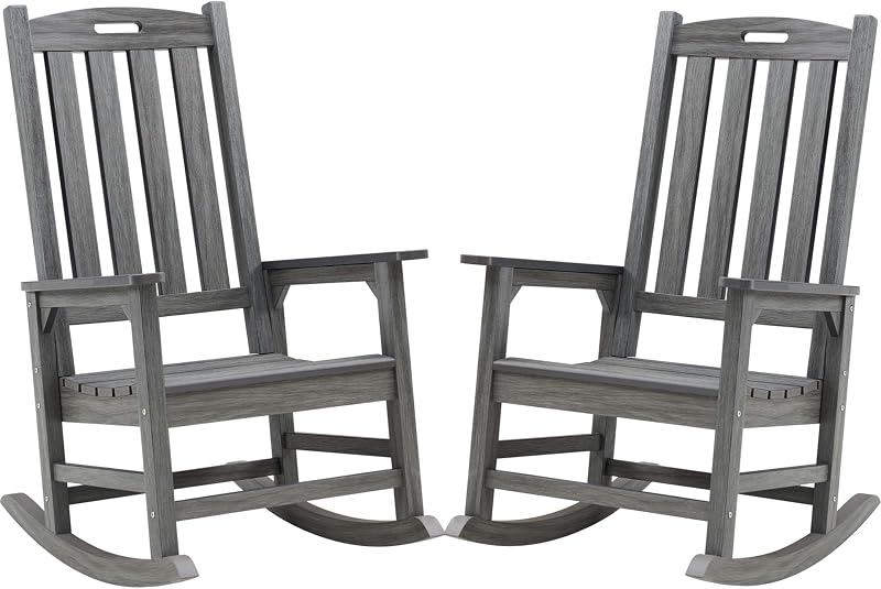 Outdoor Rocking Chairs Set of 2, Oversized Porch Rocker (Dark Grey) | Weather Resistant Rocking Chairs with High Back, Heavy-Duty Large Patio Rocker with 350lbs Weight Capacity for Adult