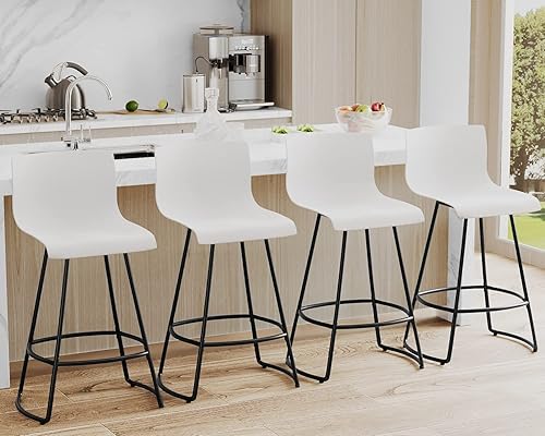 Juego de 4 taburetes de bar giratorios de altura de mostrador con respaldo de 24 pulgadas con asiento de plástico, taburetes de bar de metal para