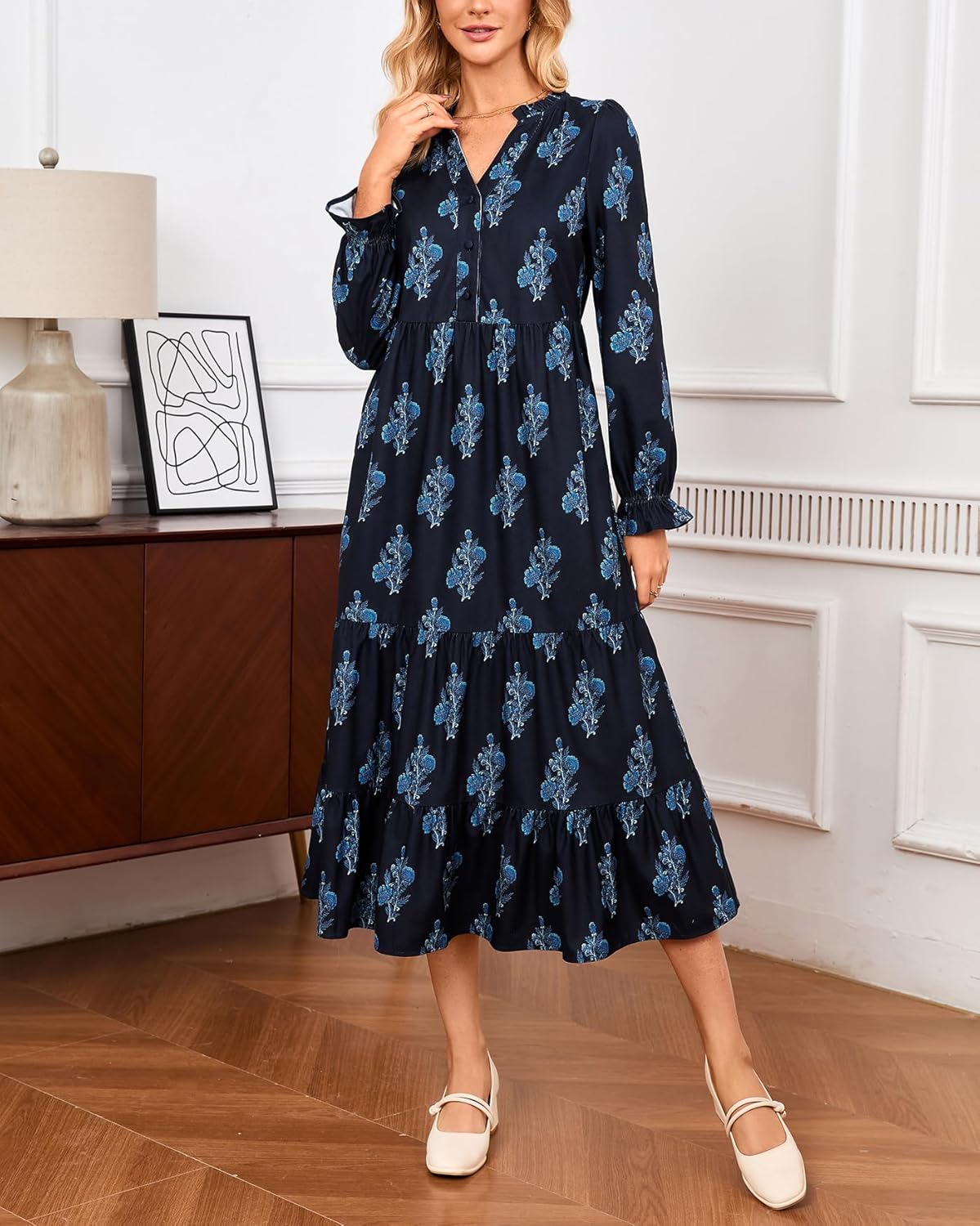 Women’s Corduroy Midi Dress Fall Winter Long Sleeve Ruffle V Neck Button Down Flowy Tiered Shirt Dresses with Pockets - Image 6