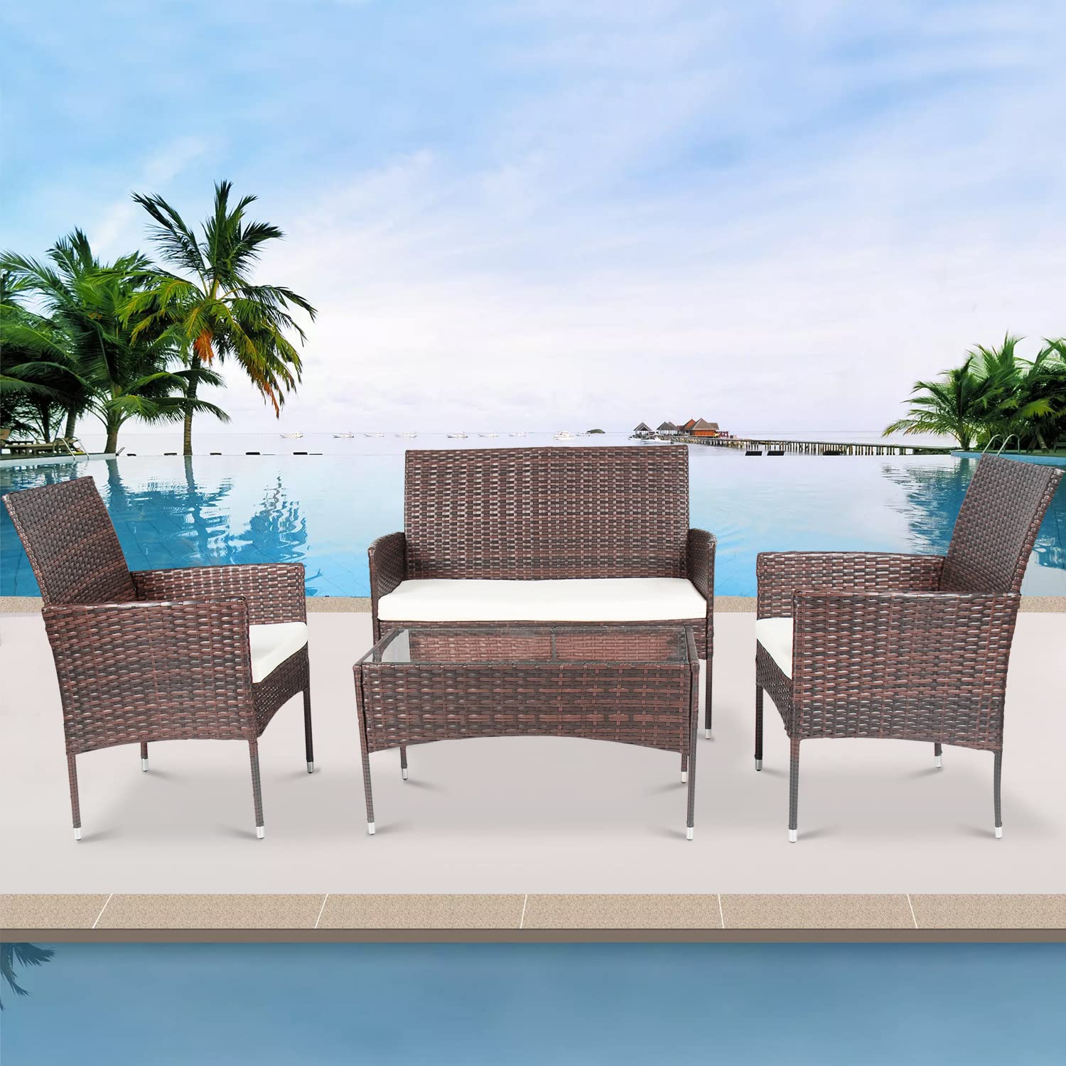 Balkonmöbel Sitzgruppe Lounge-Set Rattan Gartenmöbel Set | Terrassenmöbel für 4 Personen Sofa, Singlestühle, Tisch und Sitzkissen